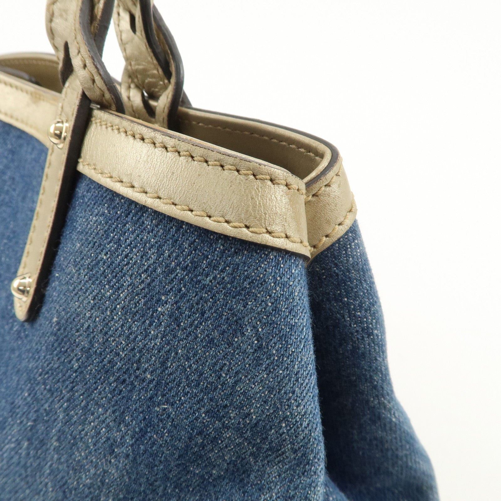 GUCCI Craft Denim Leather Tote Bag Shoulder Bag Blue Gold 348715 Used