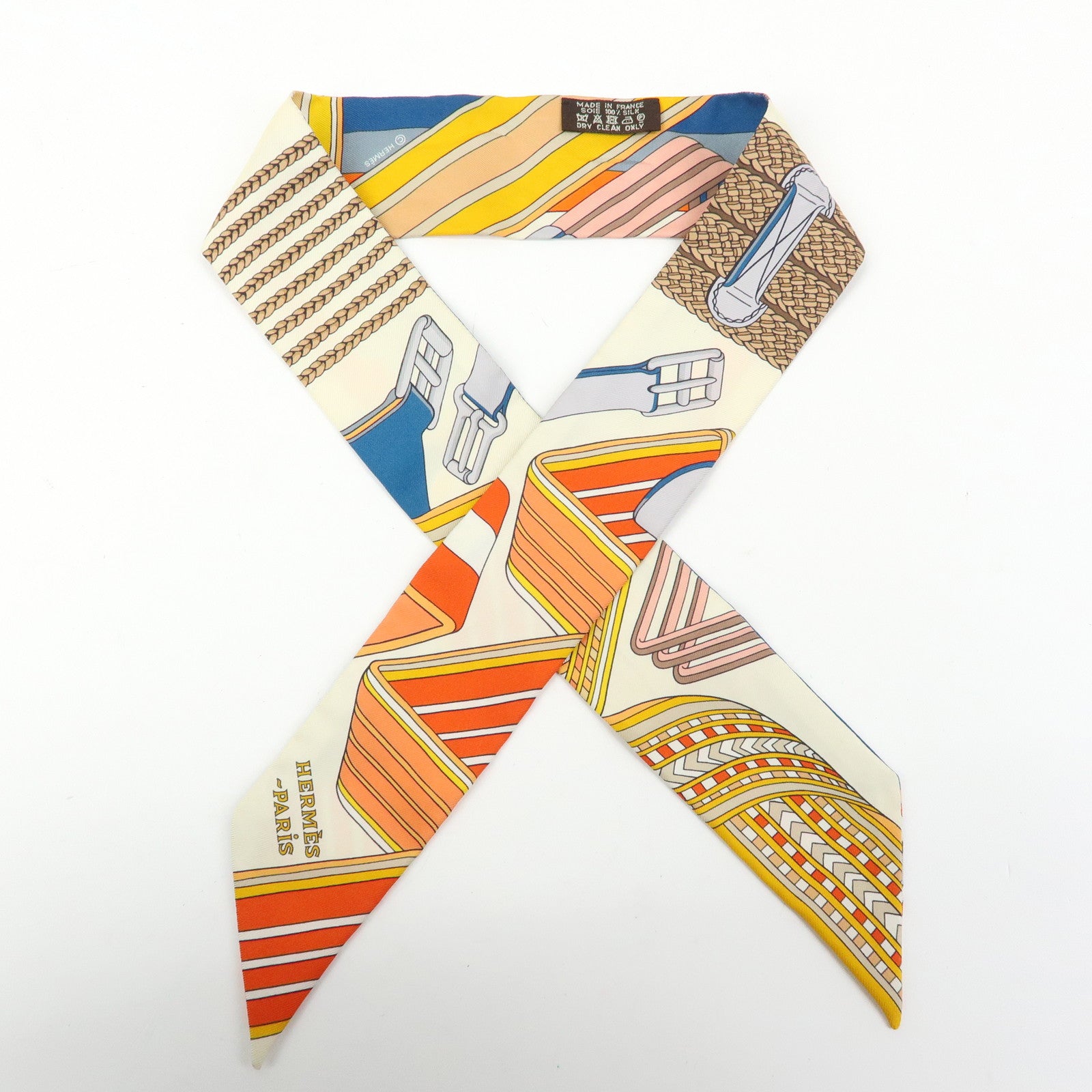 HERMES 100% Silk Twilly Scarf Sangles en Zigzag Orange Blue Ivory