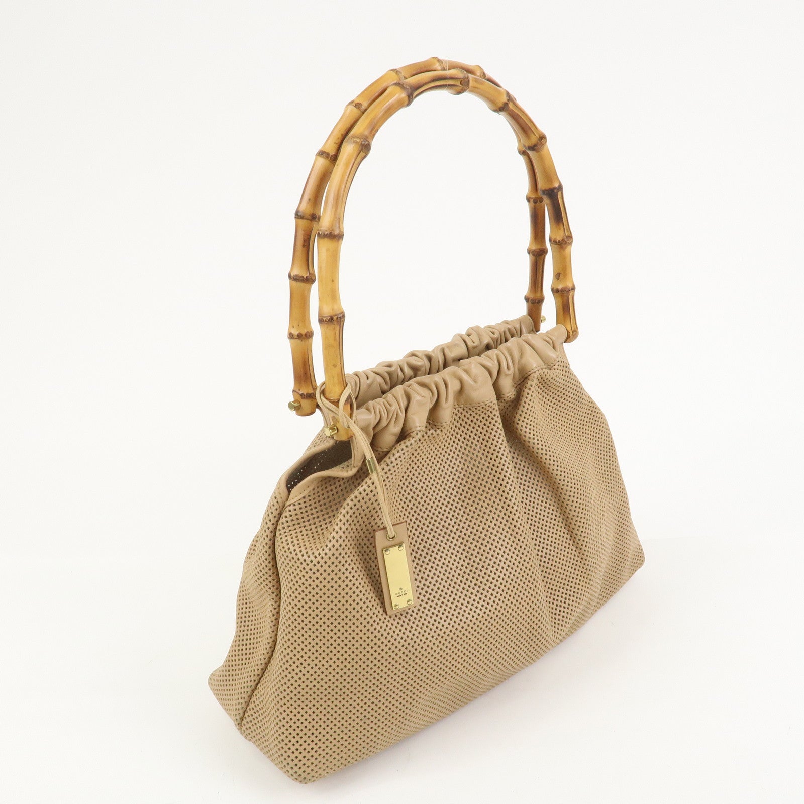 GUCCI Bamboo Leather Shoulder Bag Hand Bag Beige 92708