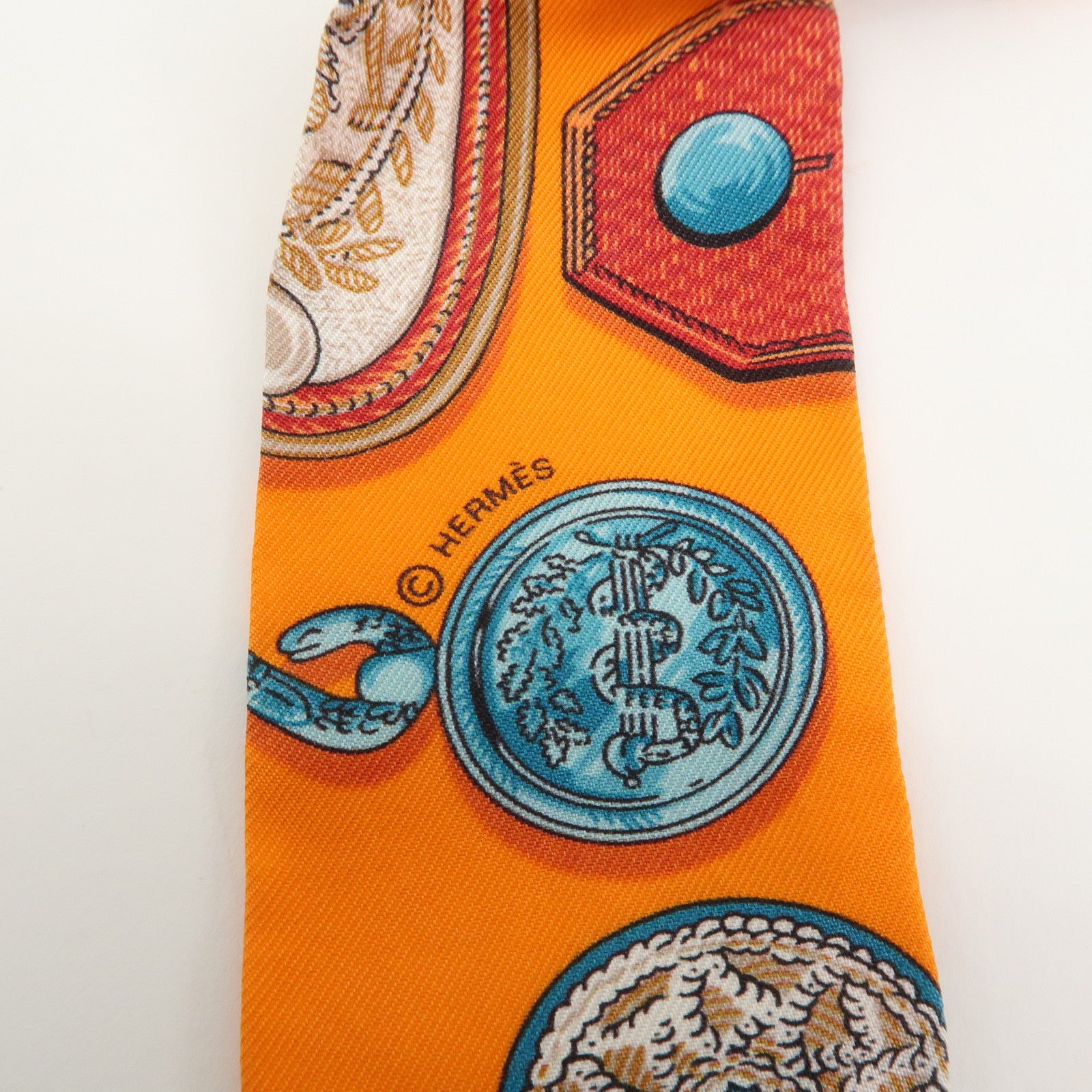 HERMES Twilly Tassel Motif Silk 100% Scarf Orange