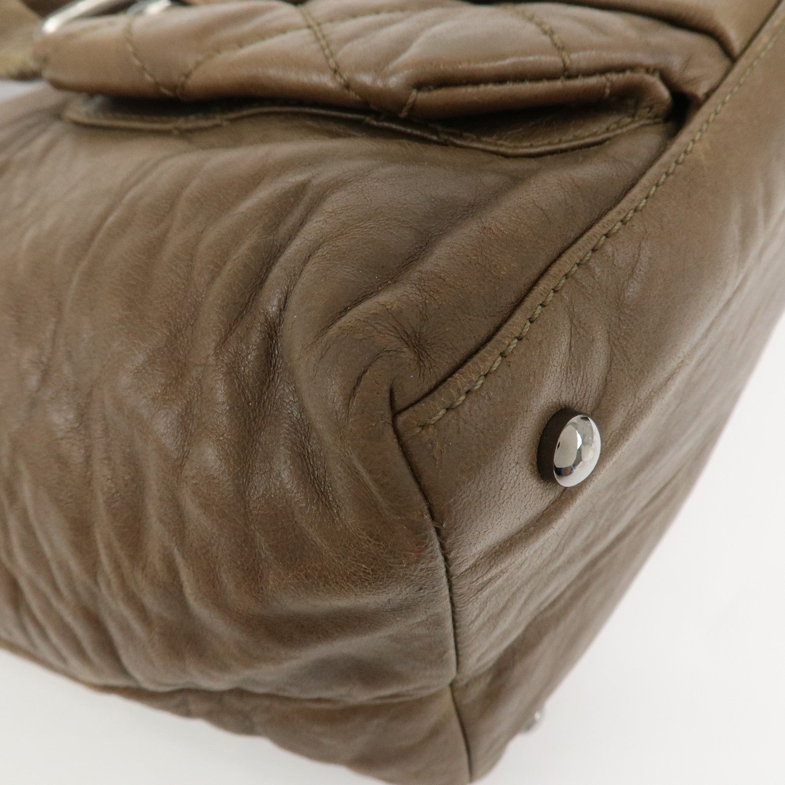CHANEL Matelasse Lamb Skin Tote Bag Hand Bag Khaki