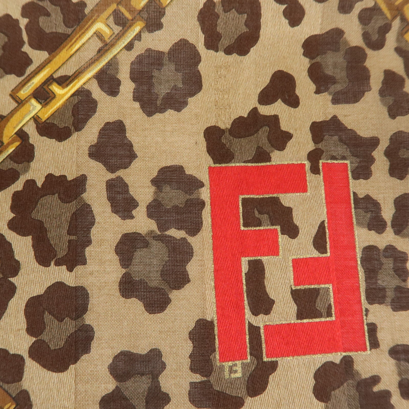 FENDI Cotton Scarf 57x57 Leopard Chain Motif Brown Red