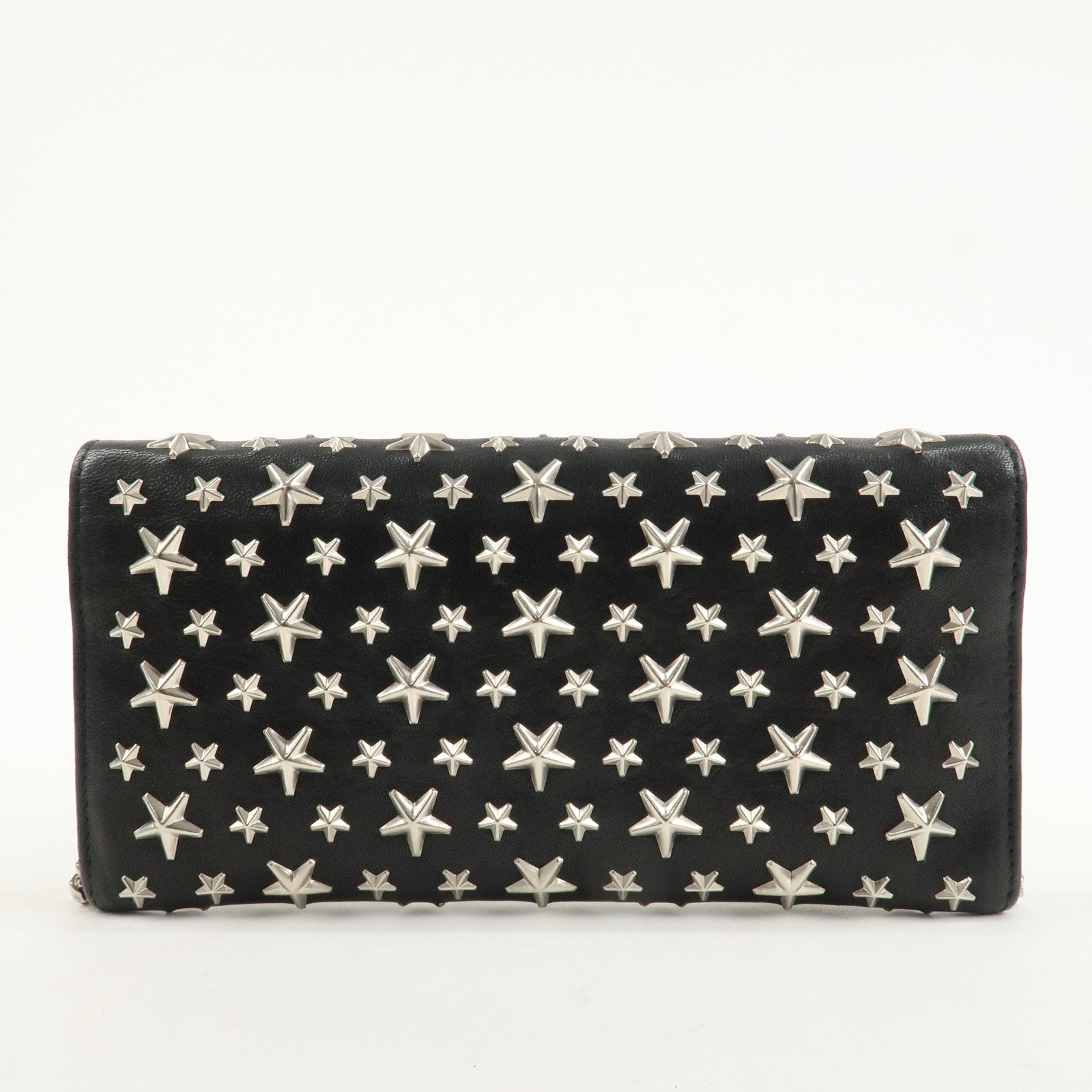 JIMMY CHOO Leather Studs Chain Wallet Shoulder Bag Black Used