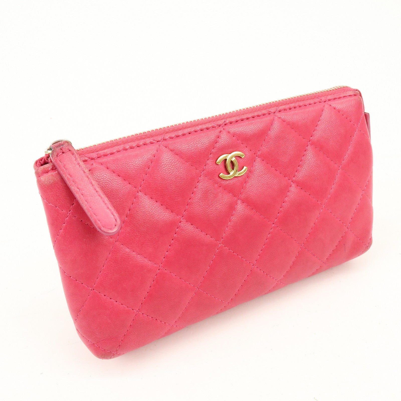 CHANEL Matelasse COCO Mark Lamb Skin Cosmetic Accessory Pouch Pink