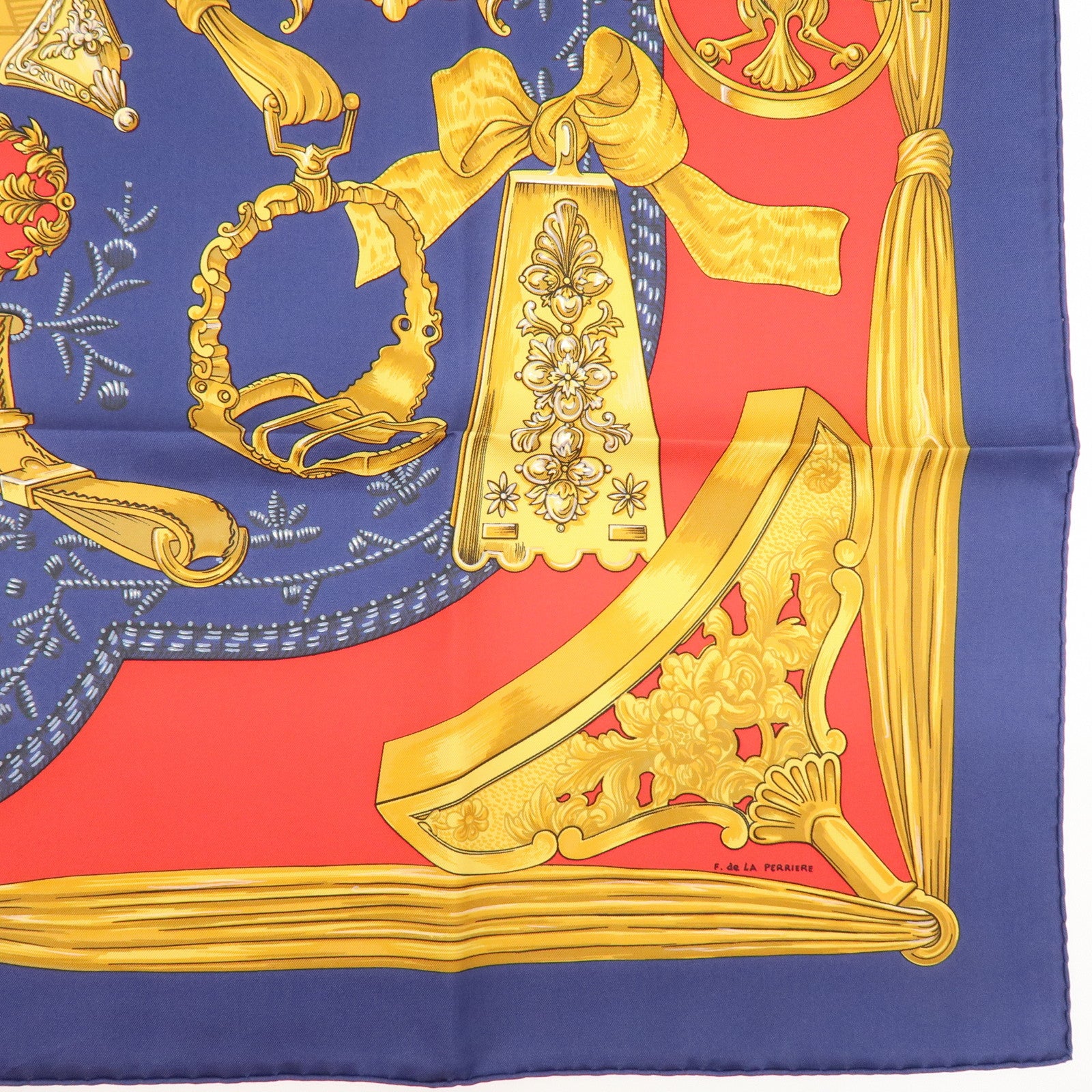 HERMES Carre 90 Silk 100% Scarf ETRIERS Gold Red Navy