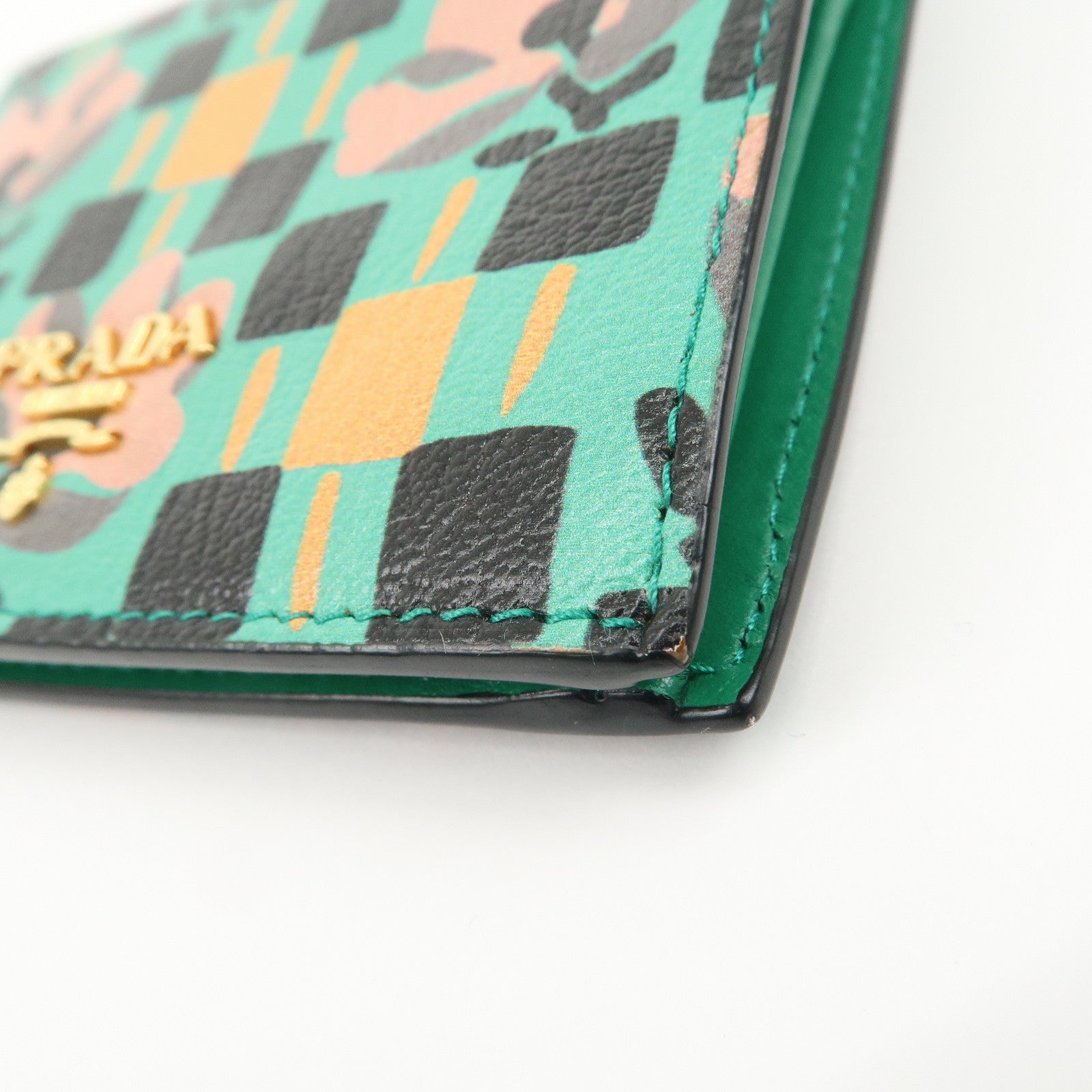 PRADA Leather Compact Wallet Floral Print Green Gold HDW 1MV204 Used