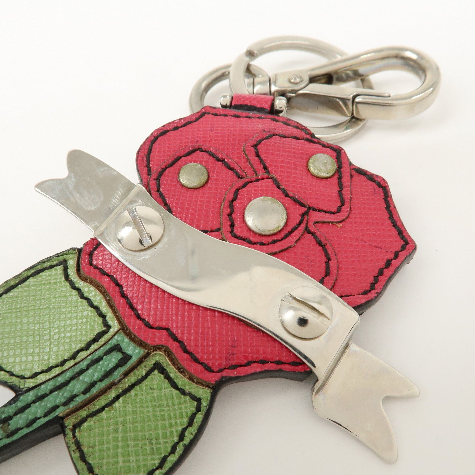 PRADA Rose Motif Leather Bag Charm Key Chain Red Green 1AR290