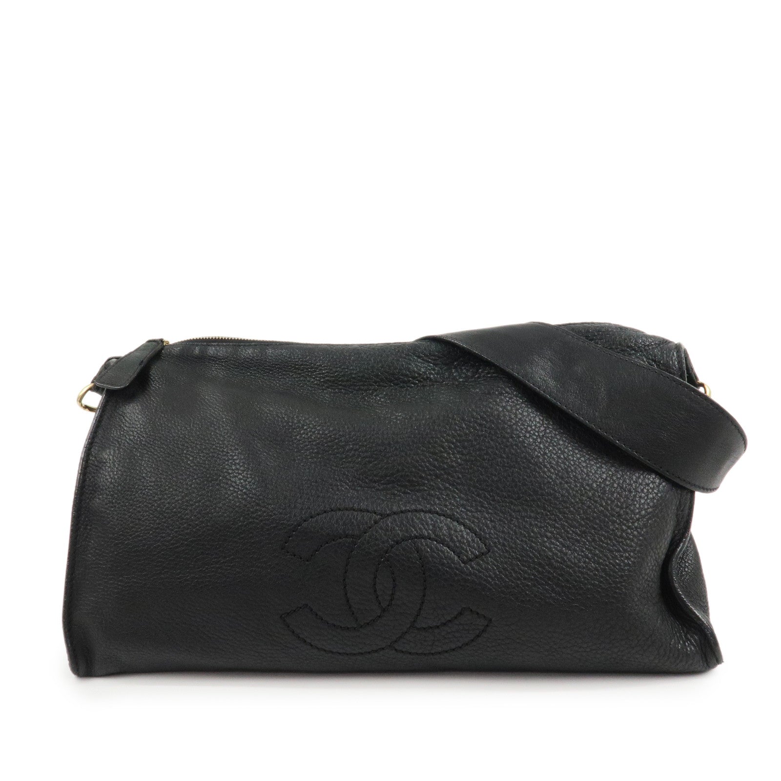 CHANEL Logo Leather Shoulder Bag Hand Bag Black