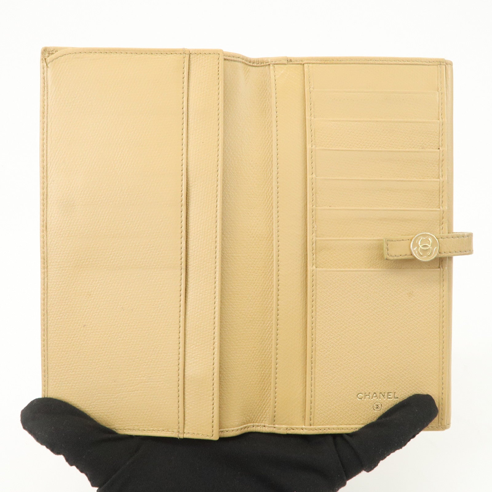 CHANEL COCO Button Leather Double Hook Long Wallet Beige A20905