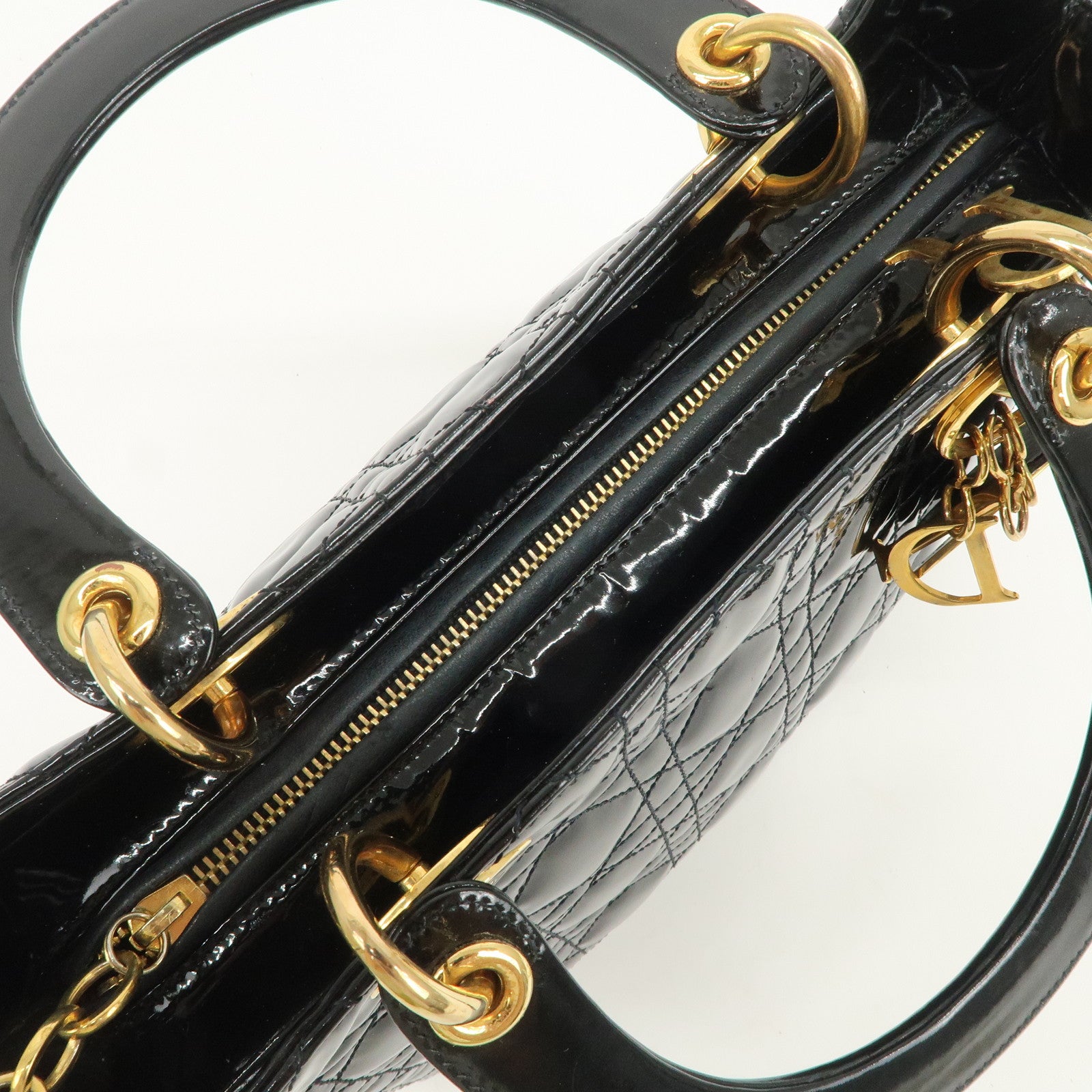 Christian Dior Lady Dior Cannage Patent Leather 2Way Hand Bag Black