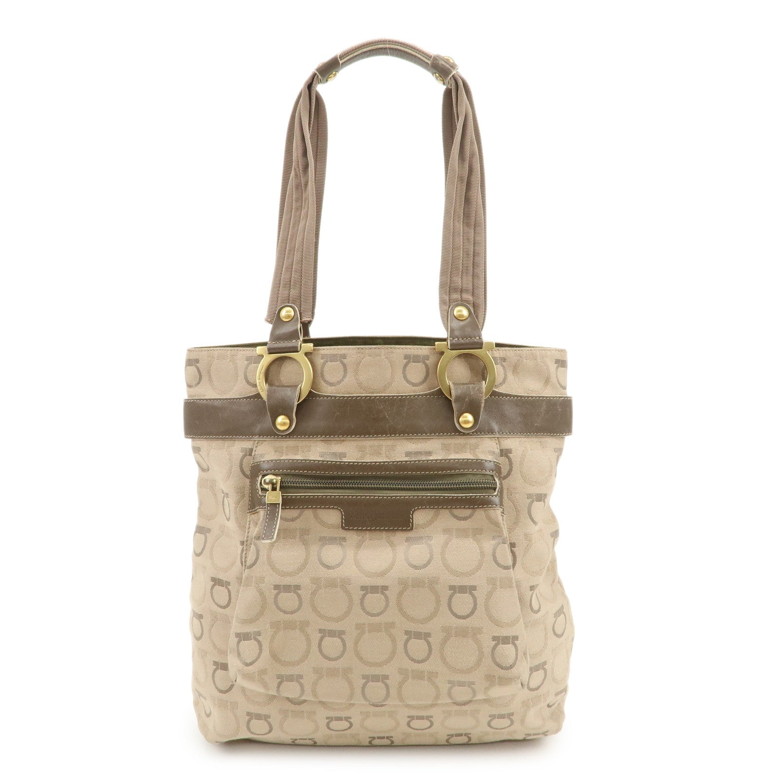 Ferragamo Gancini Canvas Leather Shoulder Bag Tote Bag Brown