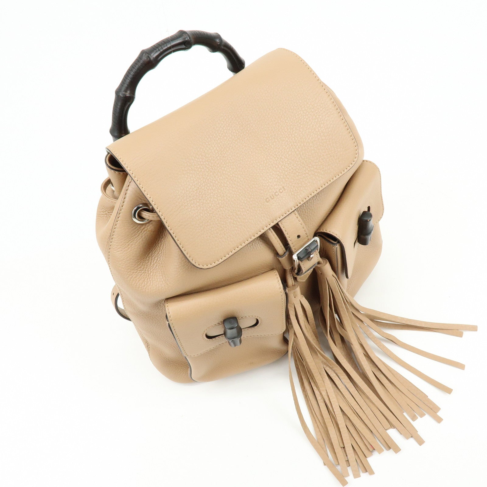 GUCCI Bamboo Leather Tassel Backpack Rucksack Pink Beige 370833