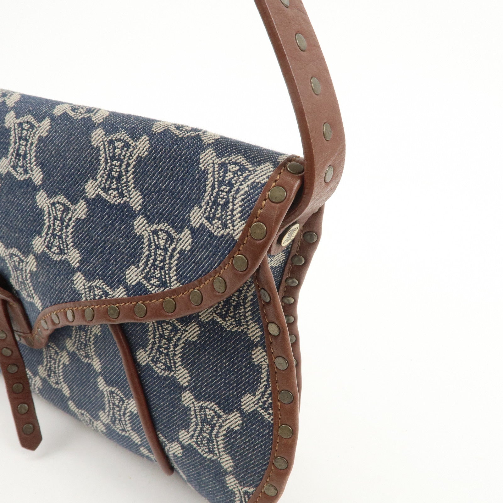 CELINE Macadam Canvas Leather Shoulder Bag Hand Bag Navy Brown