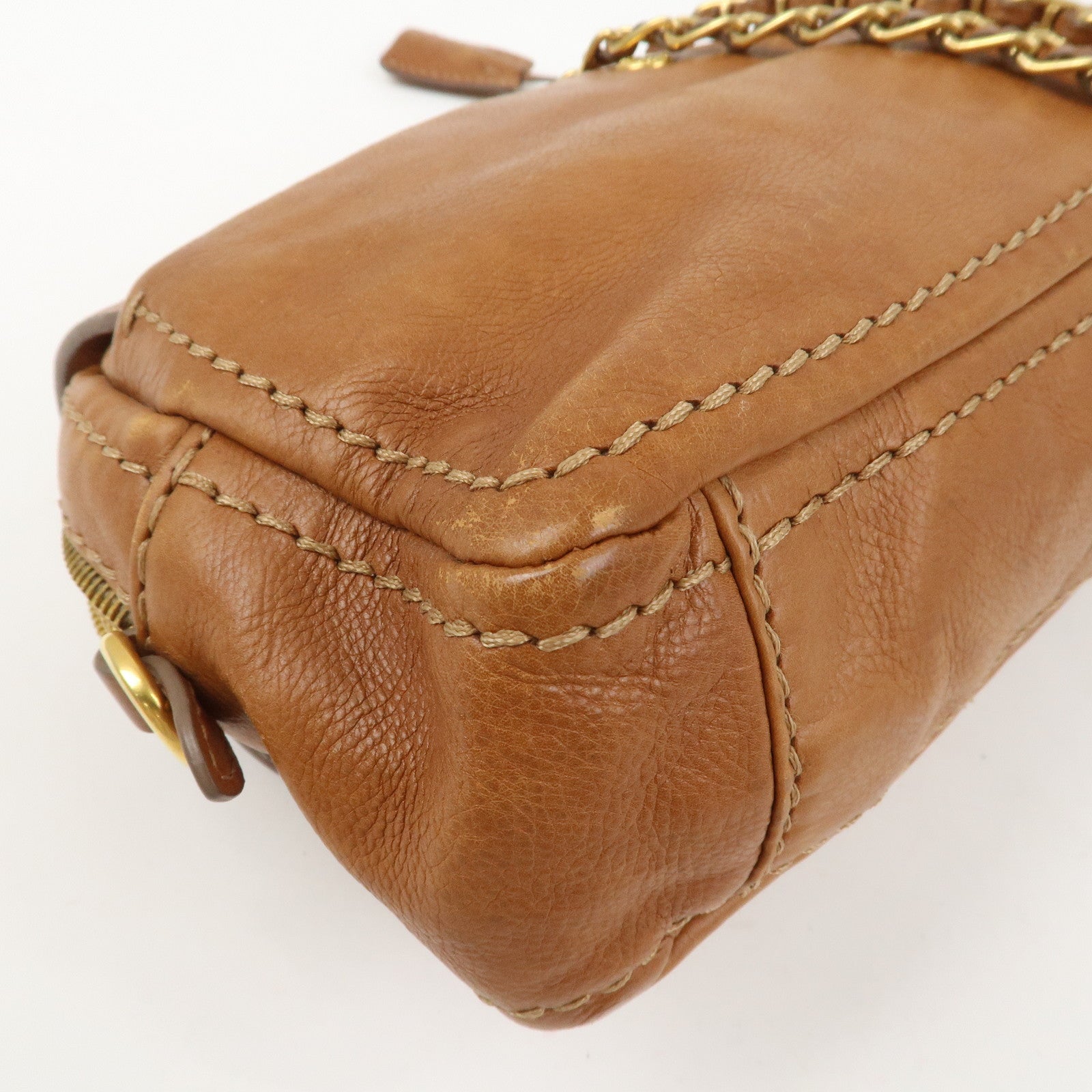 PRADA Logo Leather Chain Shoulder Bag Crossbody Bag Camel