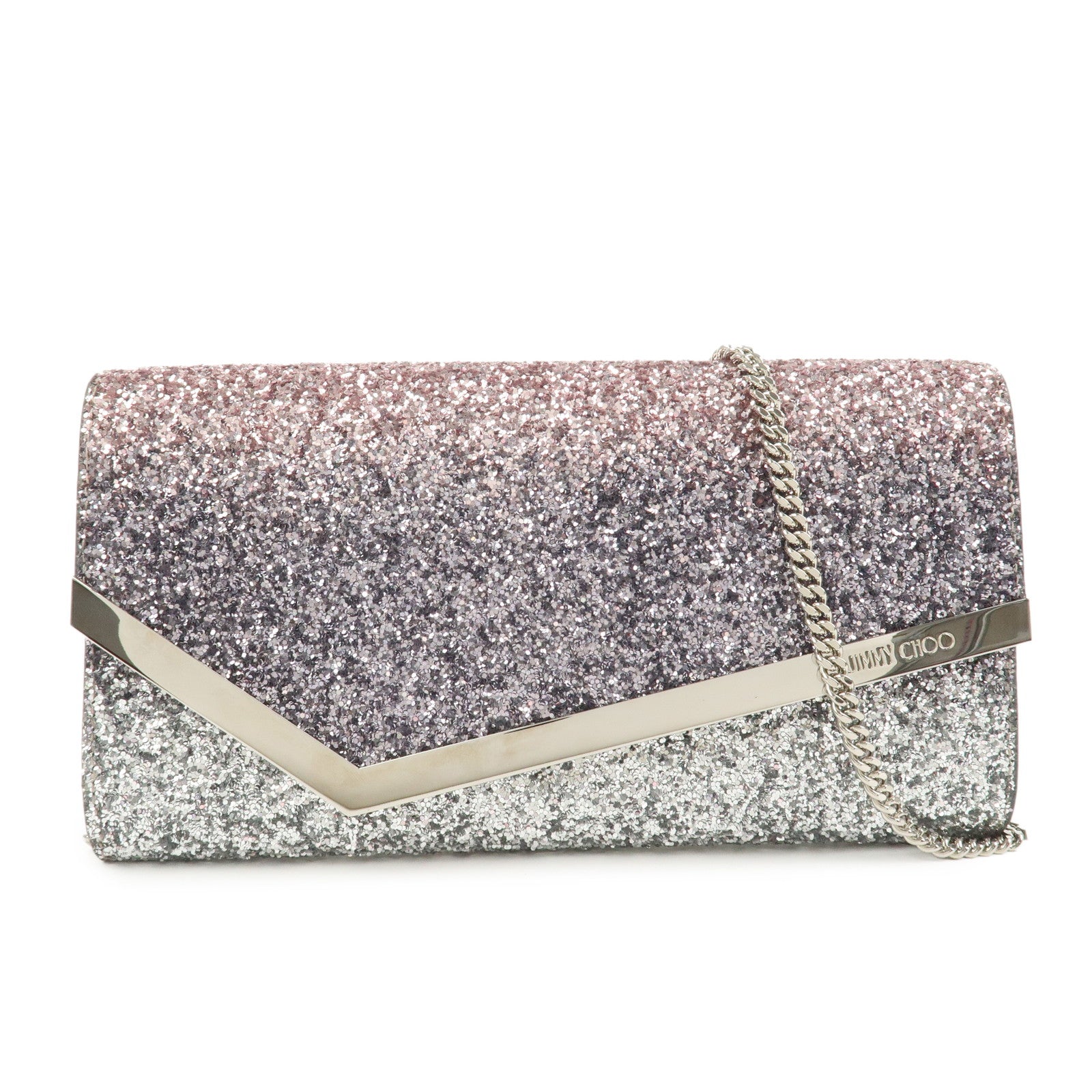 JIMMY CHOO Chain Shoulder Bag Clutch Bag Glitter Pink Gray Silver