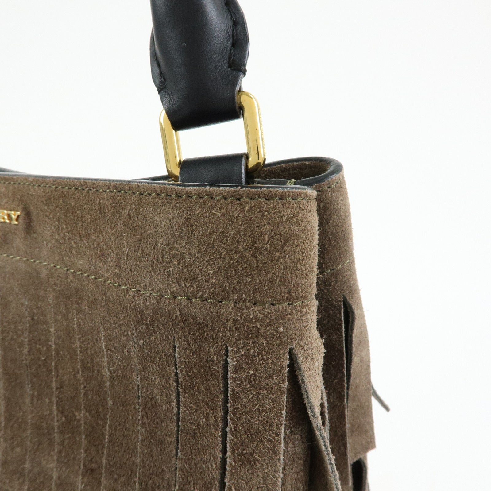 BURBERRY PROSUM Fringe Suede Leather Tote Bag Hand Bag Brown Black