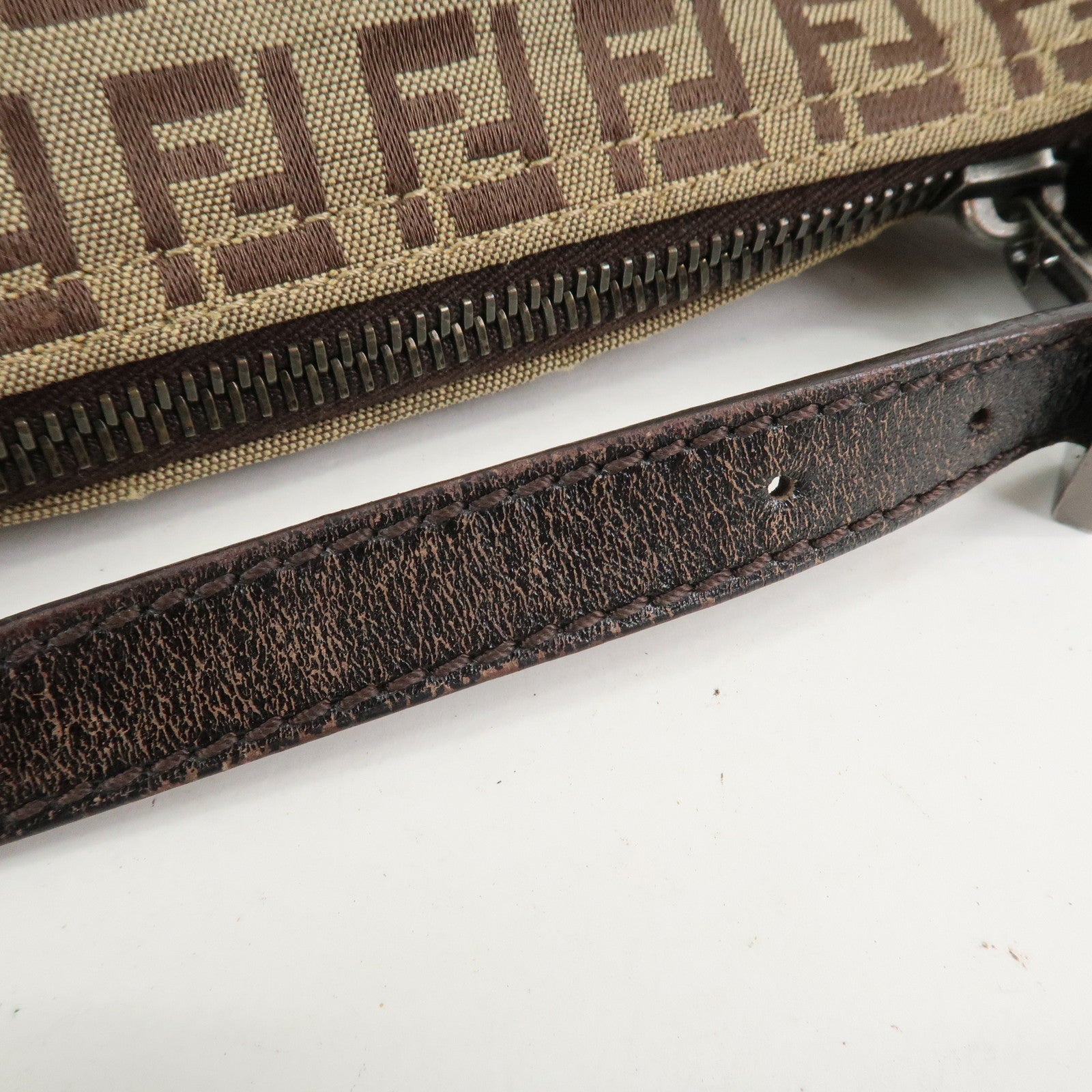 FENDI Zucchino Canvas Leather Hand Bag Pouch Bag Brown 8N0001