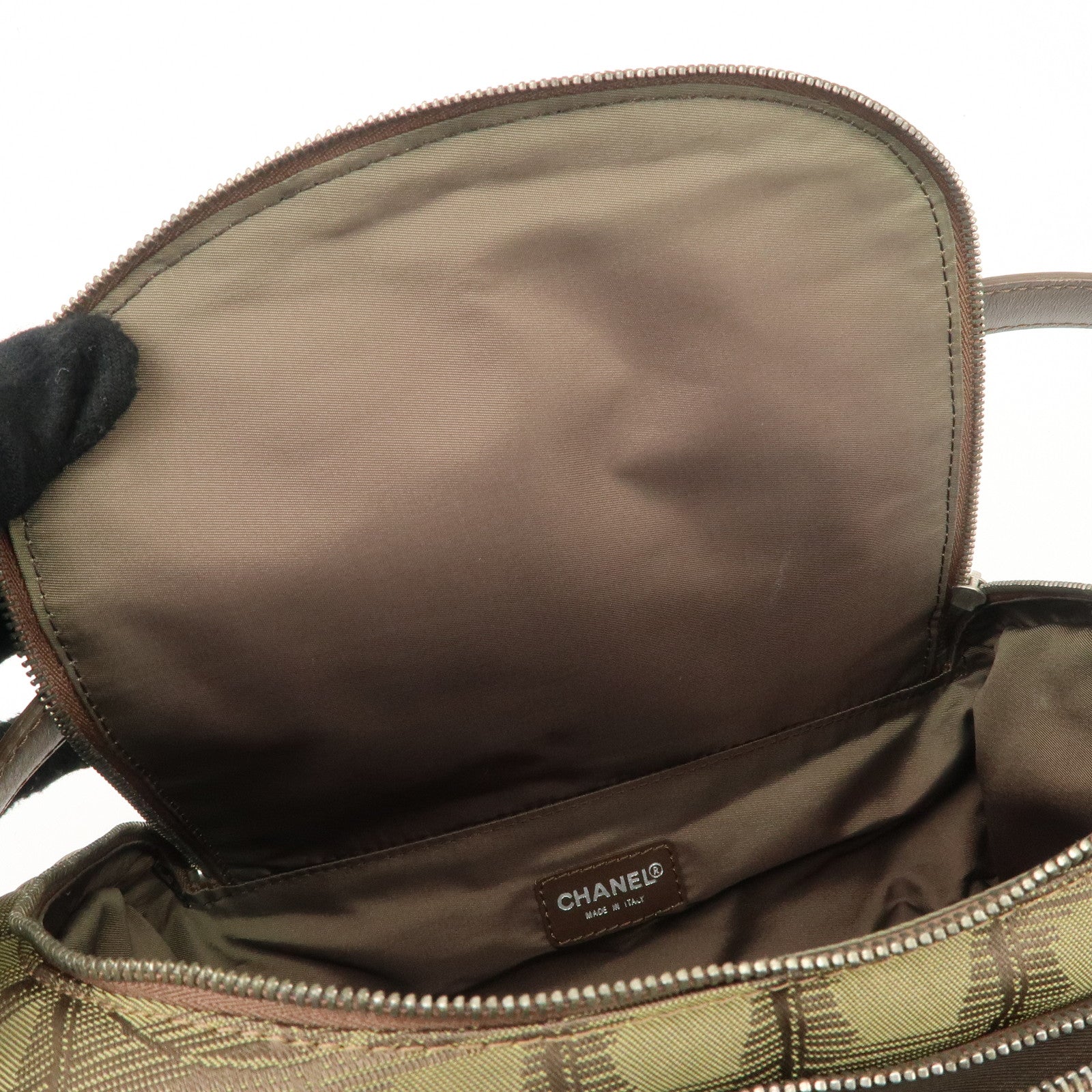 CCHANEL New Travel Line Nylon Jacquard Leather Vanity Bag Khaki A15829 Used