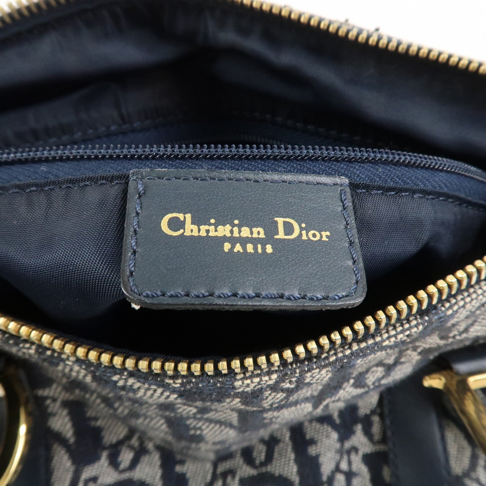 Christian Dior Trotter Jacquard Canvas Leather Boston Bag Navy