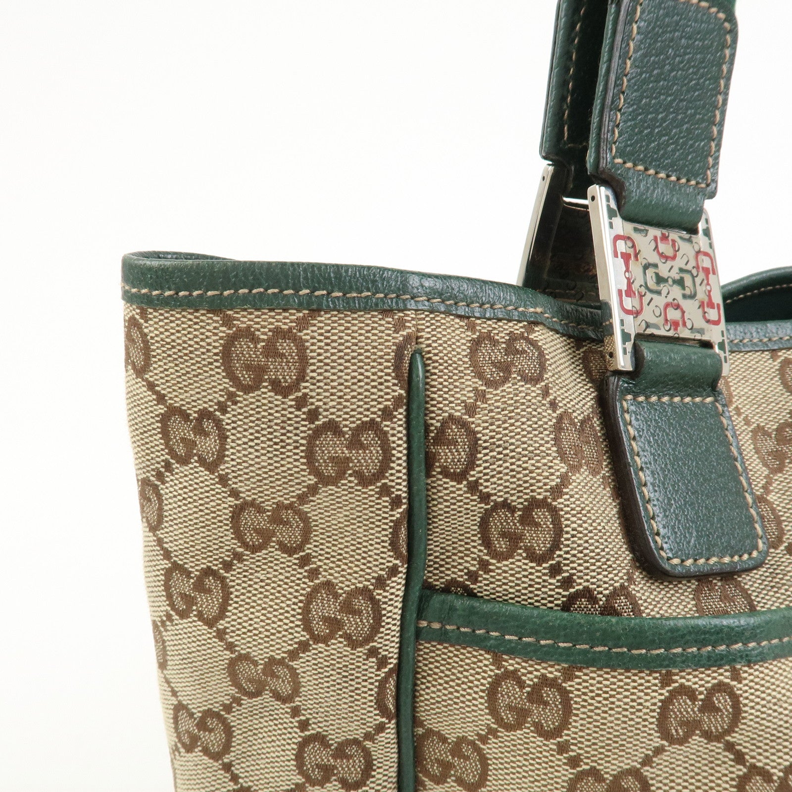 GUCCI Sherry GG Canvas Leather Hand Bag Brown Green 145810