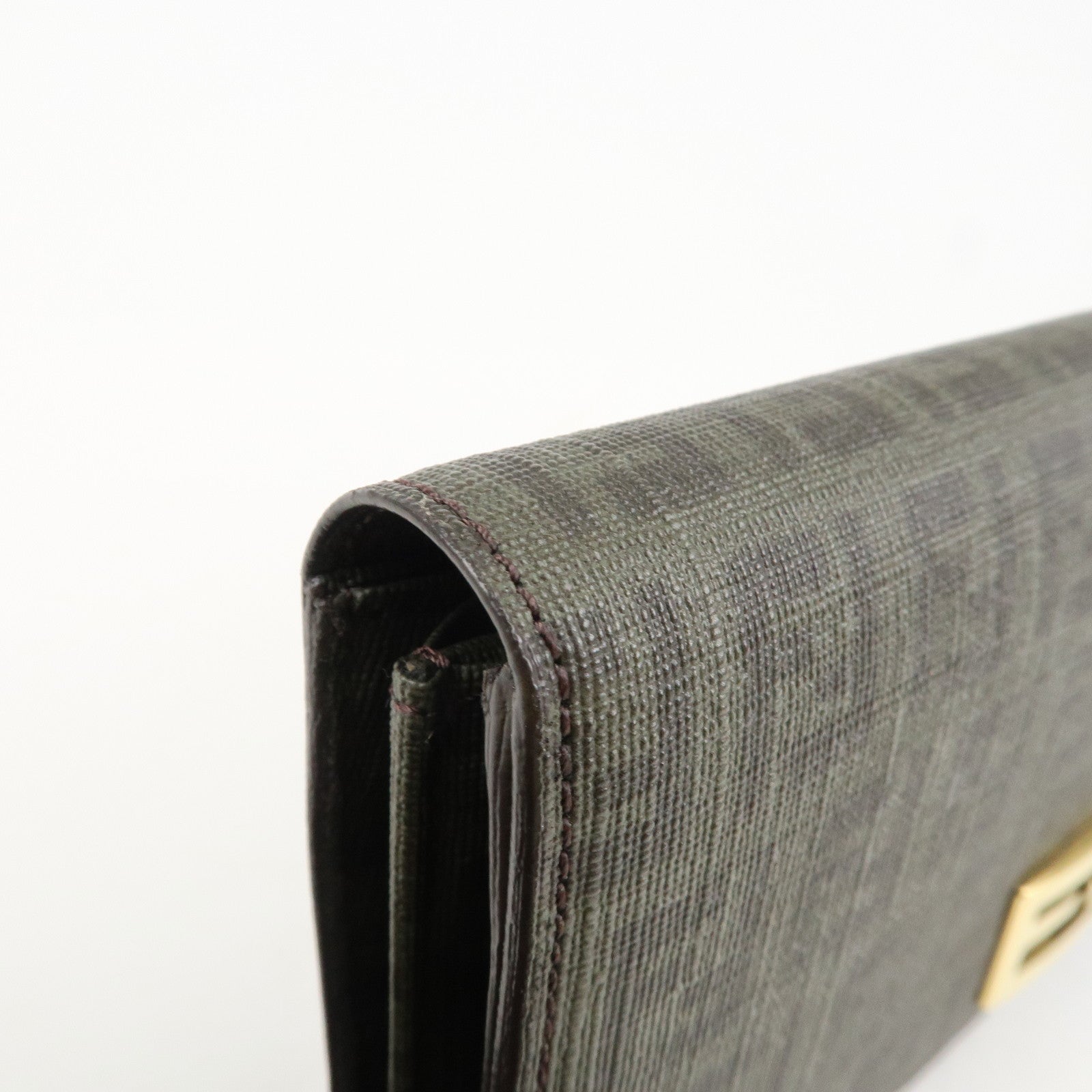 FENDI Zucchino PVC Flap Bi-Fold Long Wallet Black Moss Green 8M0235 Used