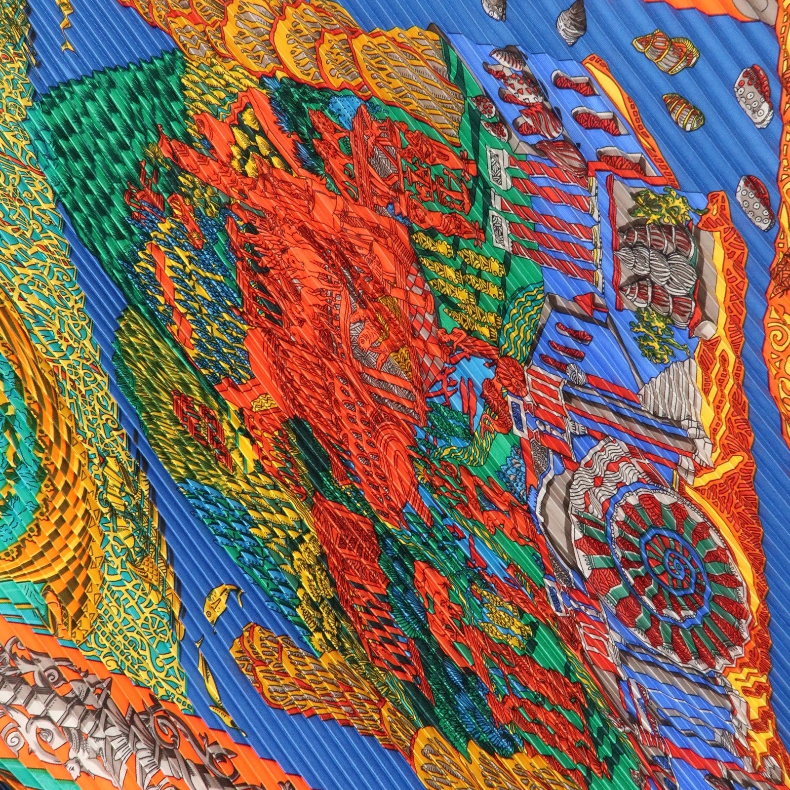 HERMES Silk 100% Pleats Carre Scarf L'ATLANTiDE Navy Red Used