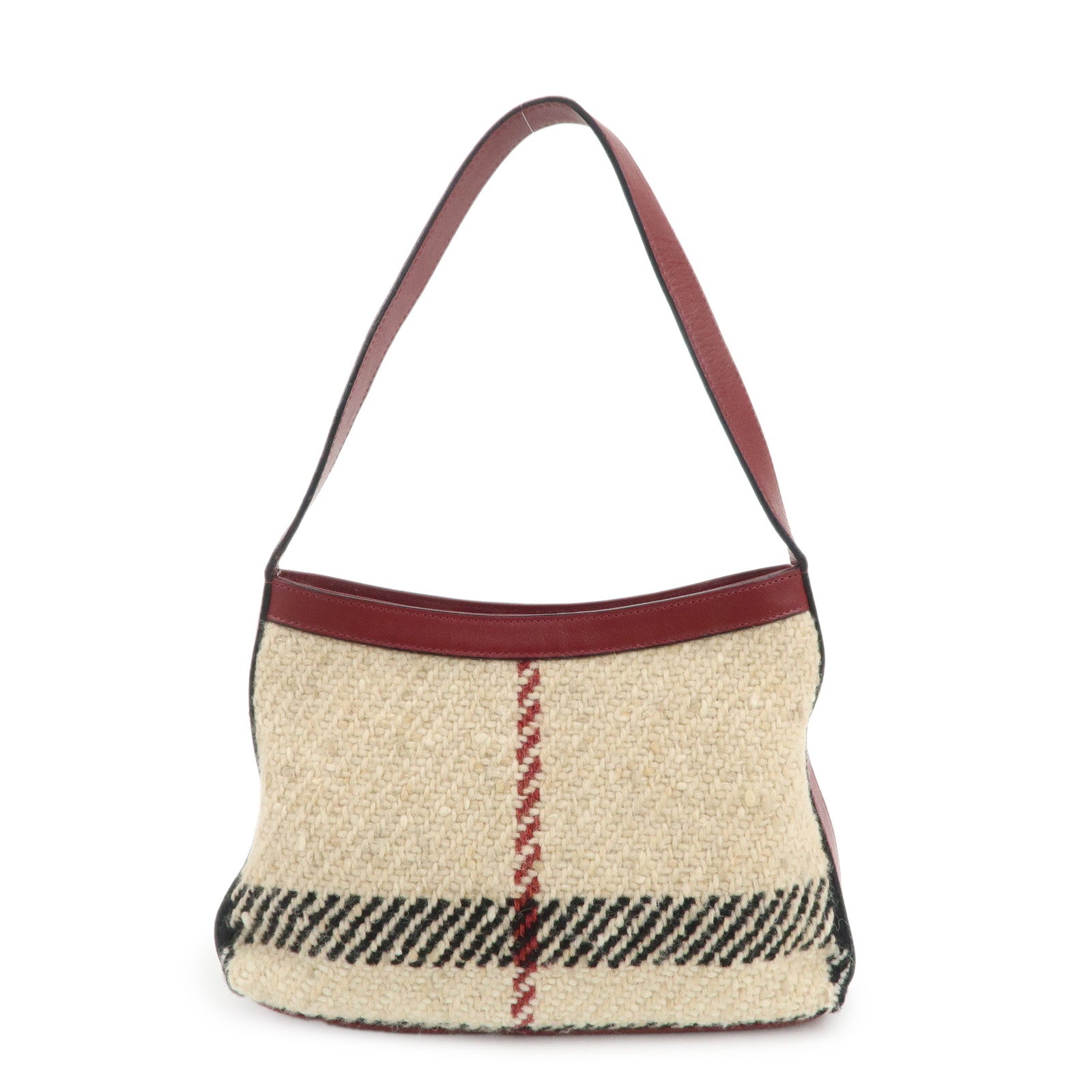 BURBERRY Wool Leather Hand Bag Plaid Wine Red Beige