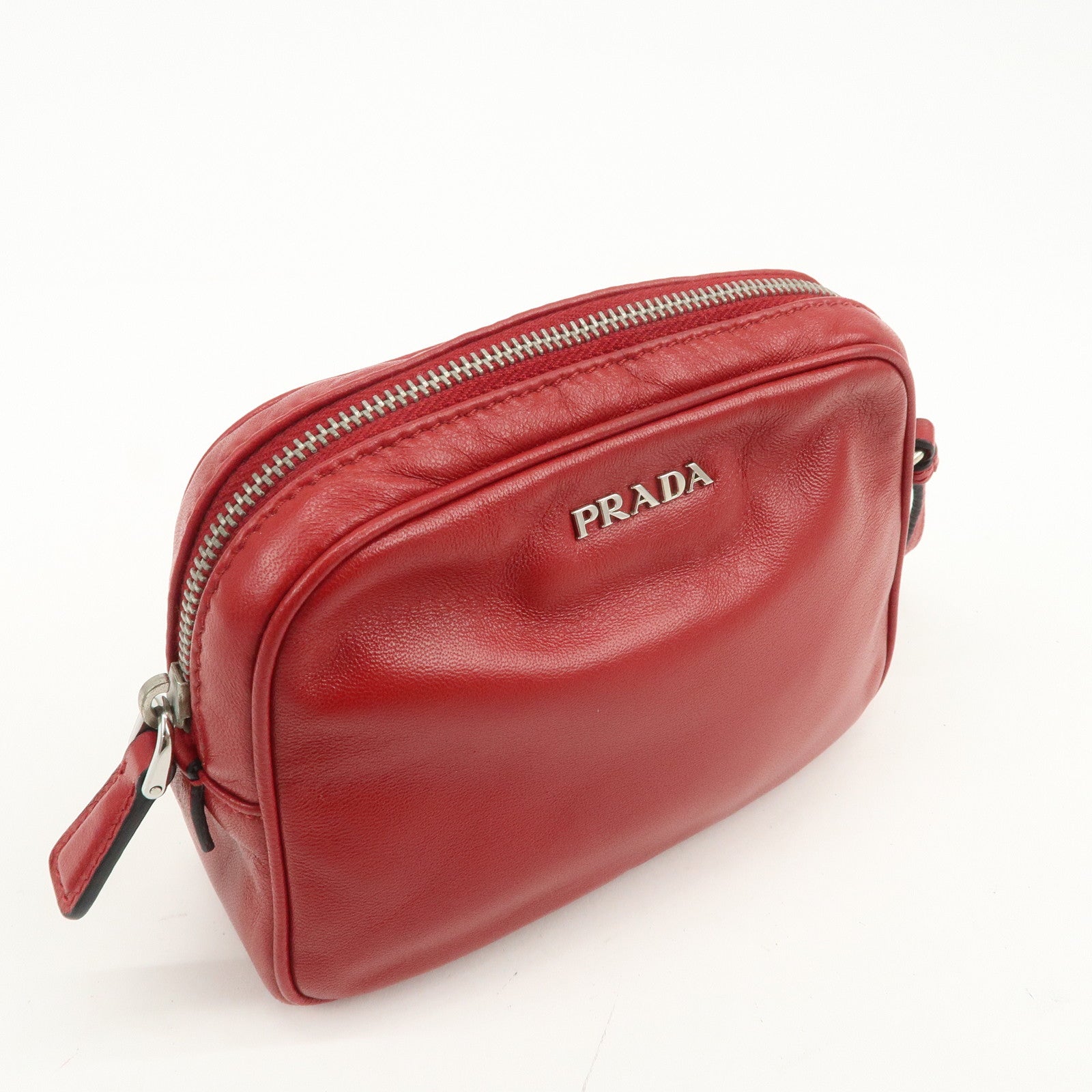 PRADA Logo Leather MiniPouch Wristlet Bag Red
