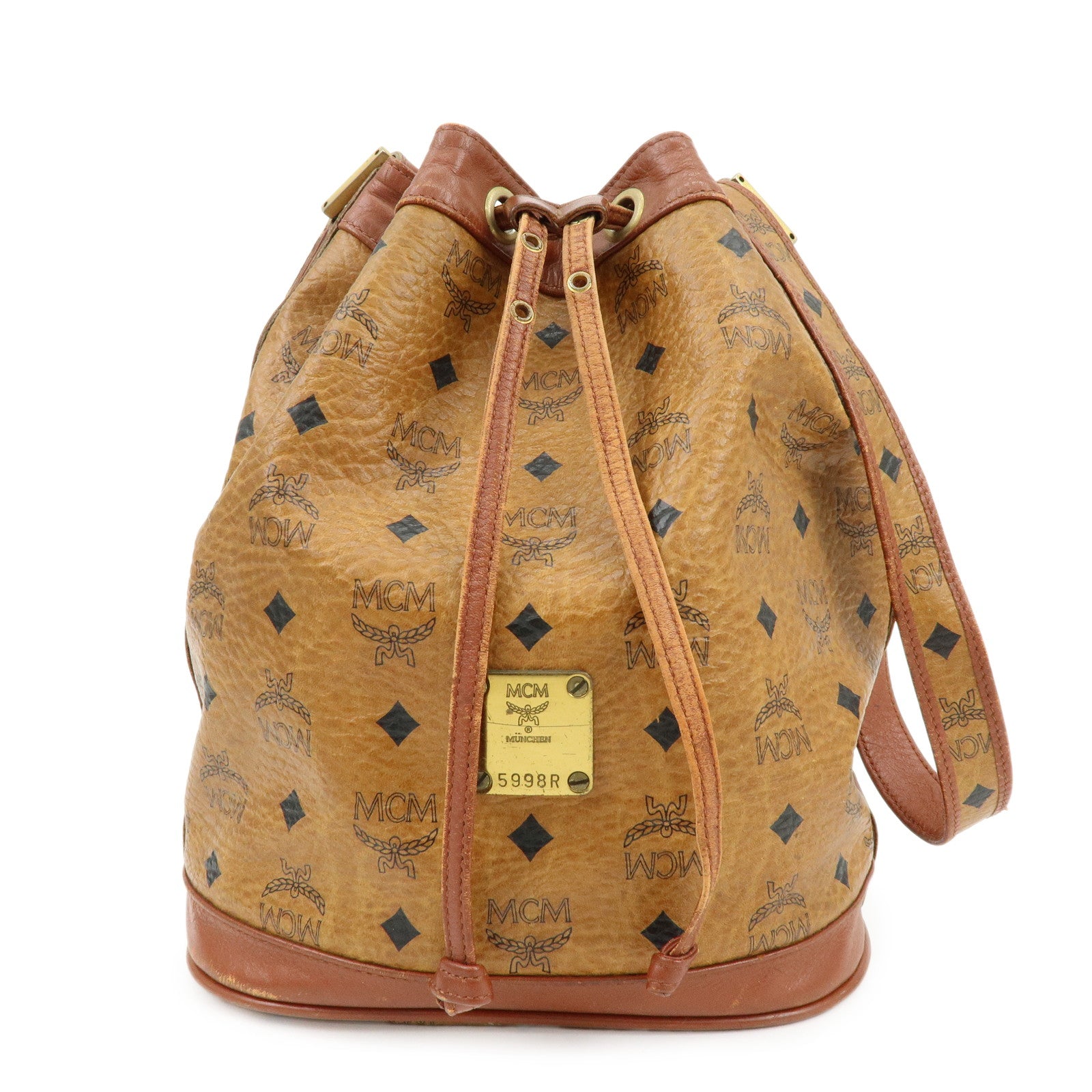 MCM Visetos Leather Drawstring Shoulder Bag Crossbody Bag Brown