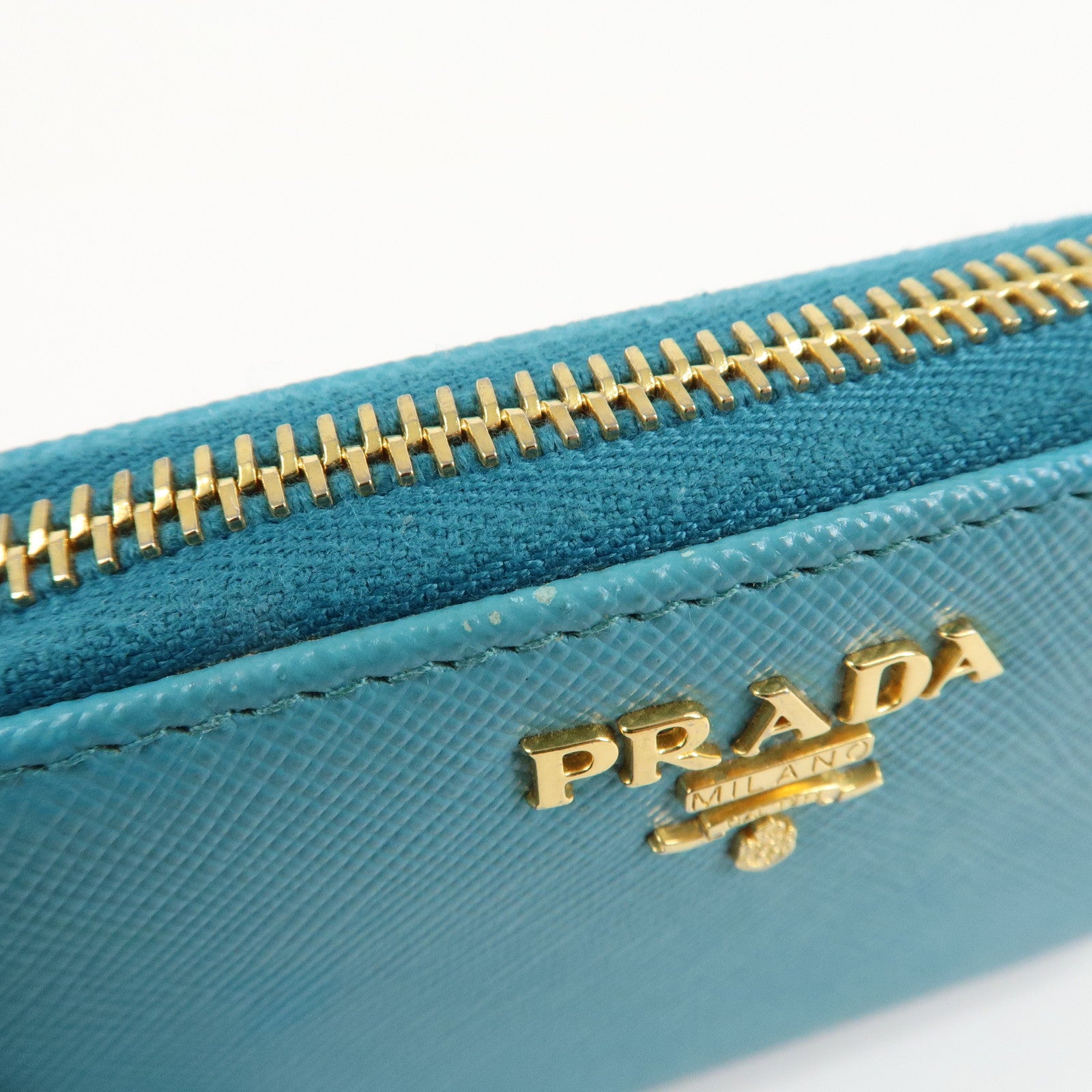 PRADA Logo Saffiano Leather Round Zippy Small Wallet Blue 1MM268 Used
