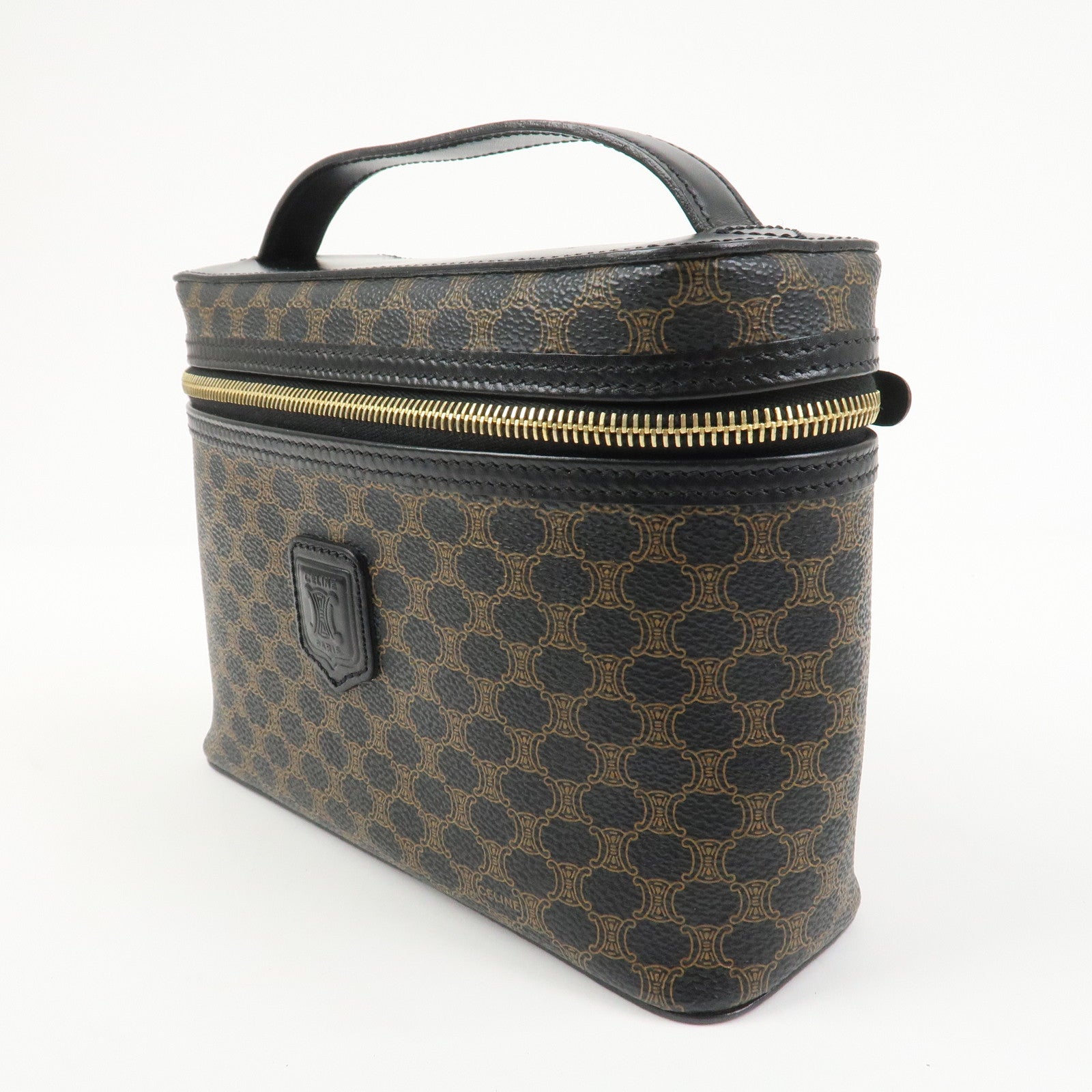 CELINE Macadam PVC Coating Canvas Leather Vanity Bag Hand Bag Black