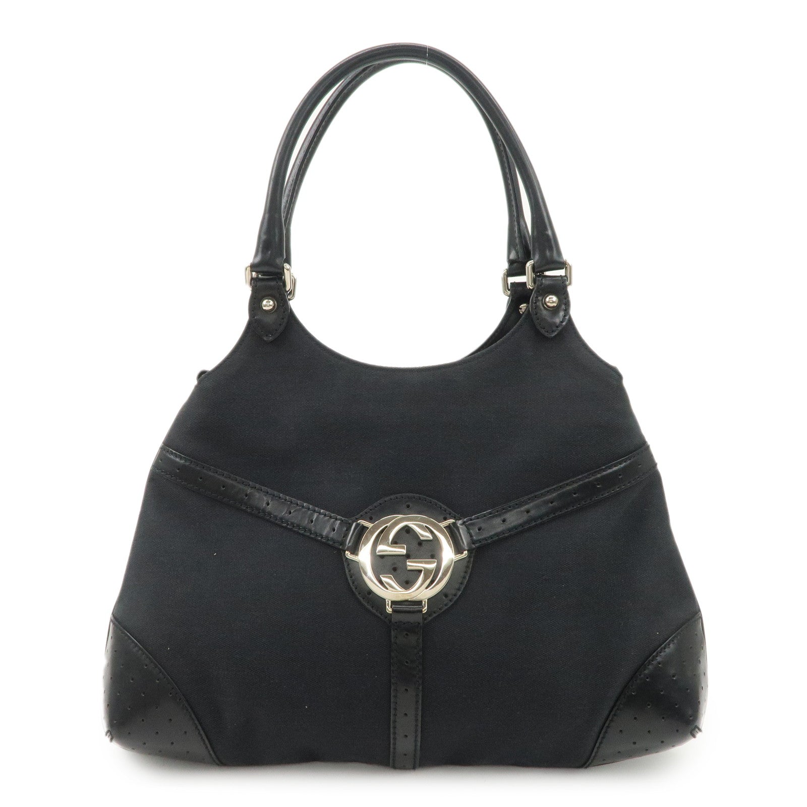 GUCCI Interlocking G Canvas Leather Hand Shoulder Bag Black 114875 Used