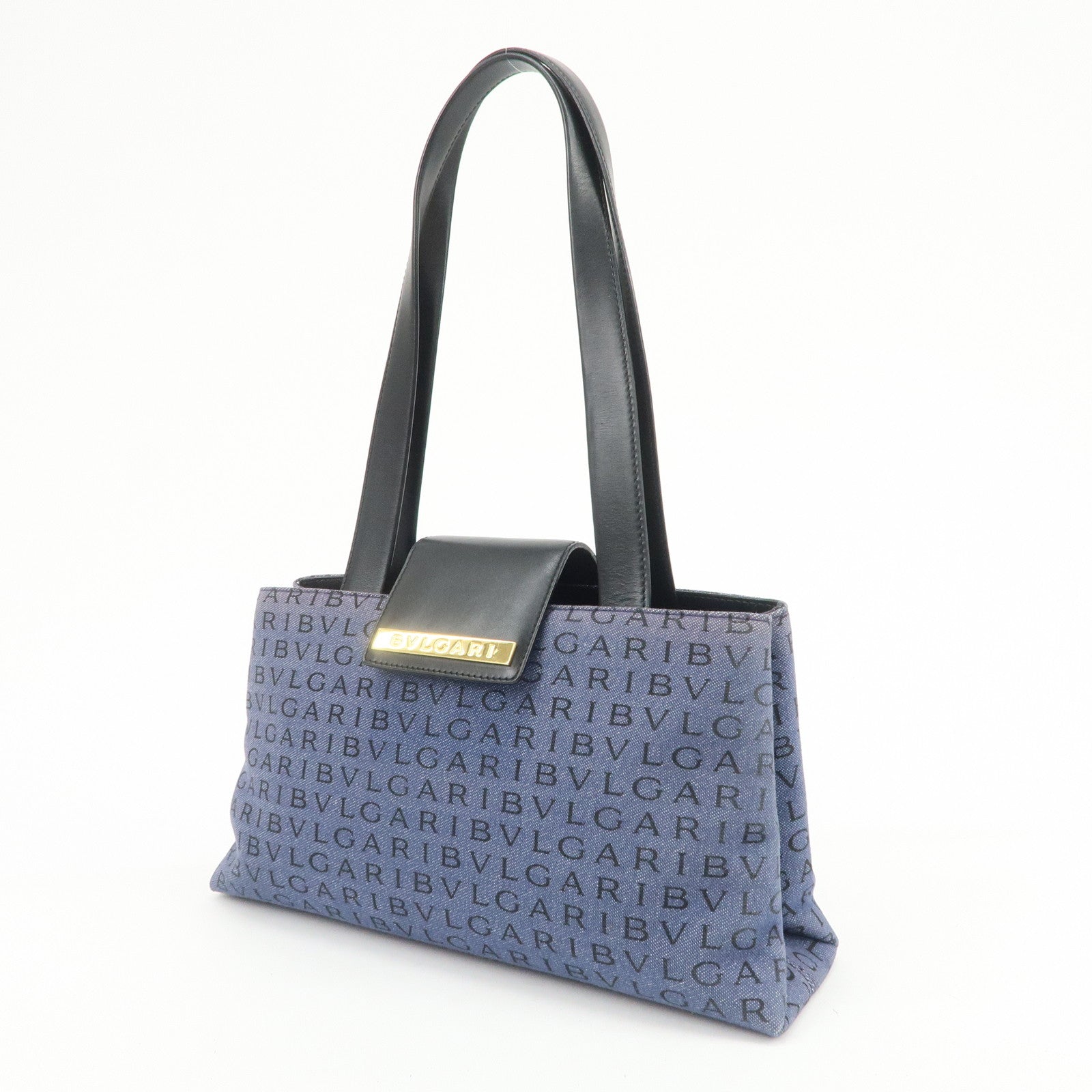 BVLGARI Logo Mania Denim Leather Shoulder Bag Hand Bag Blue Black