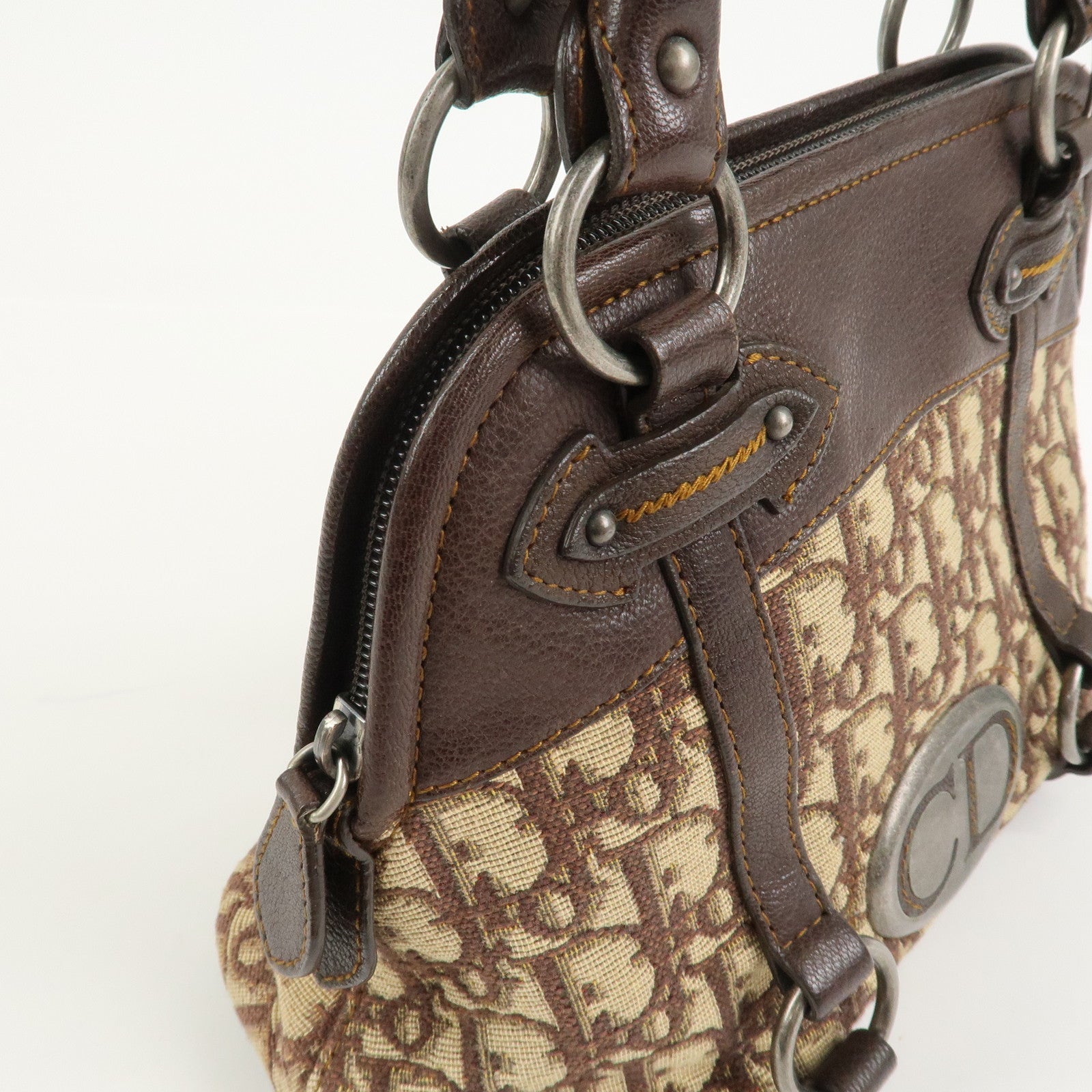 Christian Dior Trotter Canvas Leather Hand Bag Beige Brown