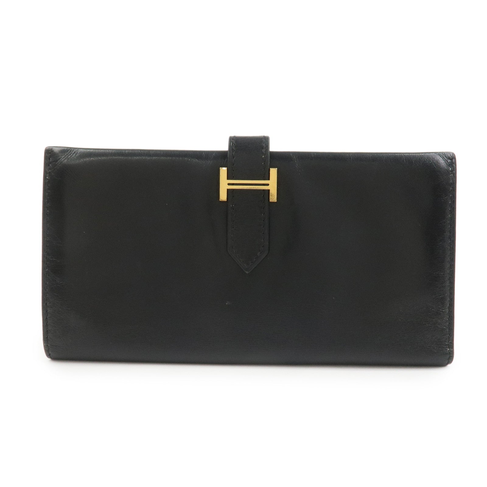 HERMES Bearn Classic Box Calf □E Stamped Bi-Fold Long Wallet Black