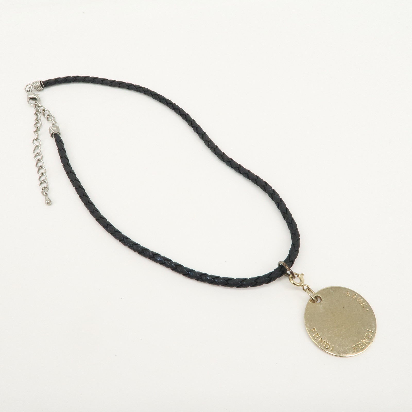 FENDI Coin Motif Leather Metal Necklace Gold Black