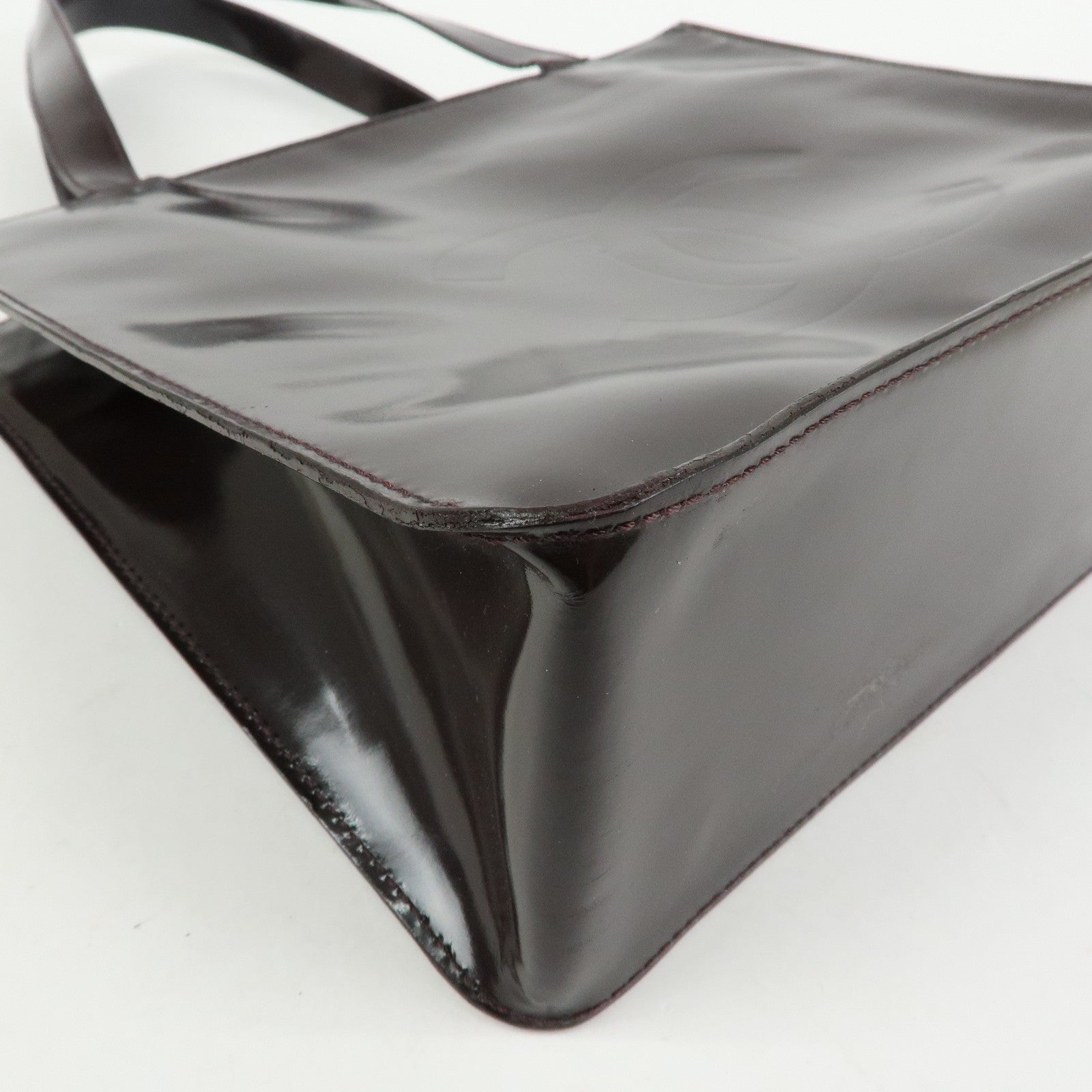 CHANEL Logo Patent Leather Tote Bag Shoulder Bag Brown