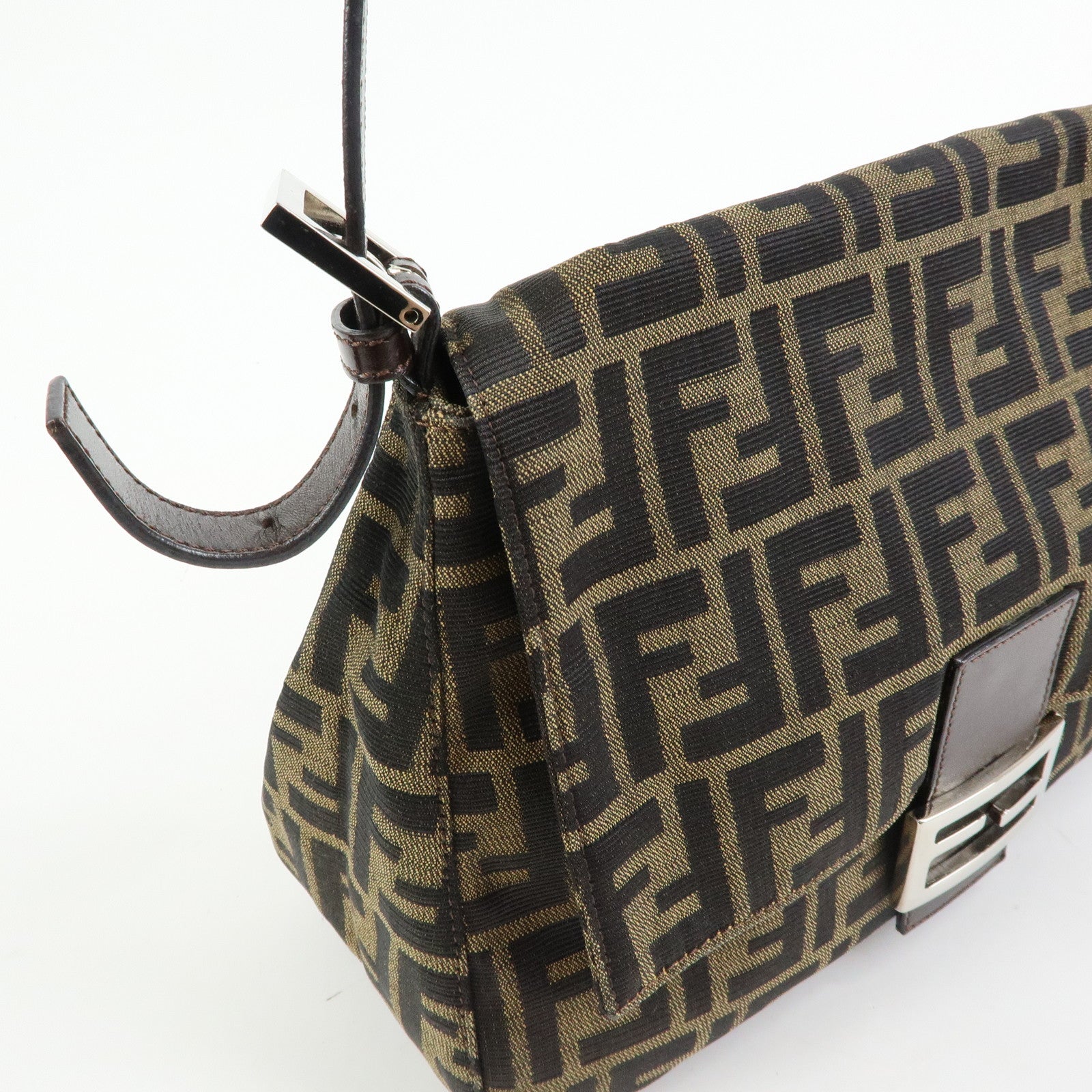 FENDI Mamma Baguette Zucca Canvas Leather Shoulder Bag Brown 26325