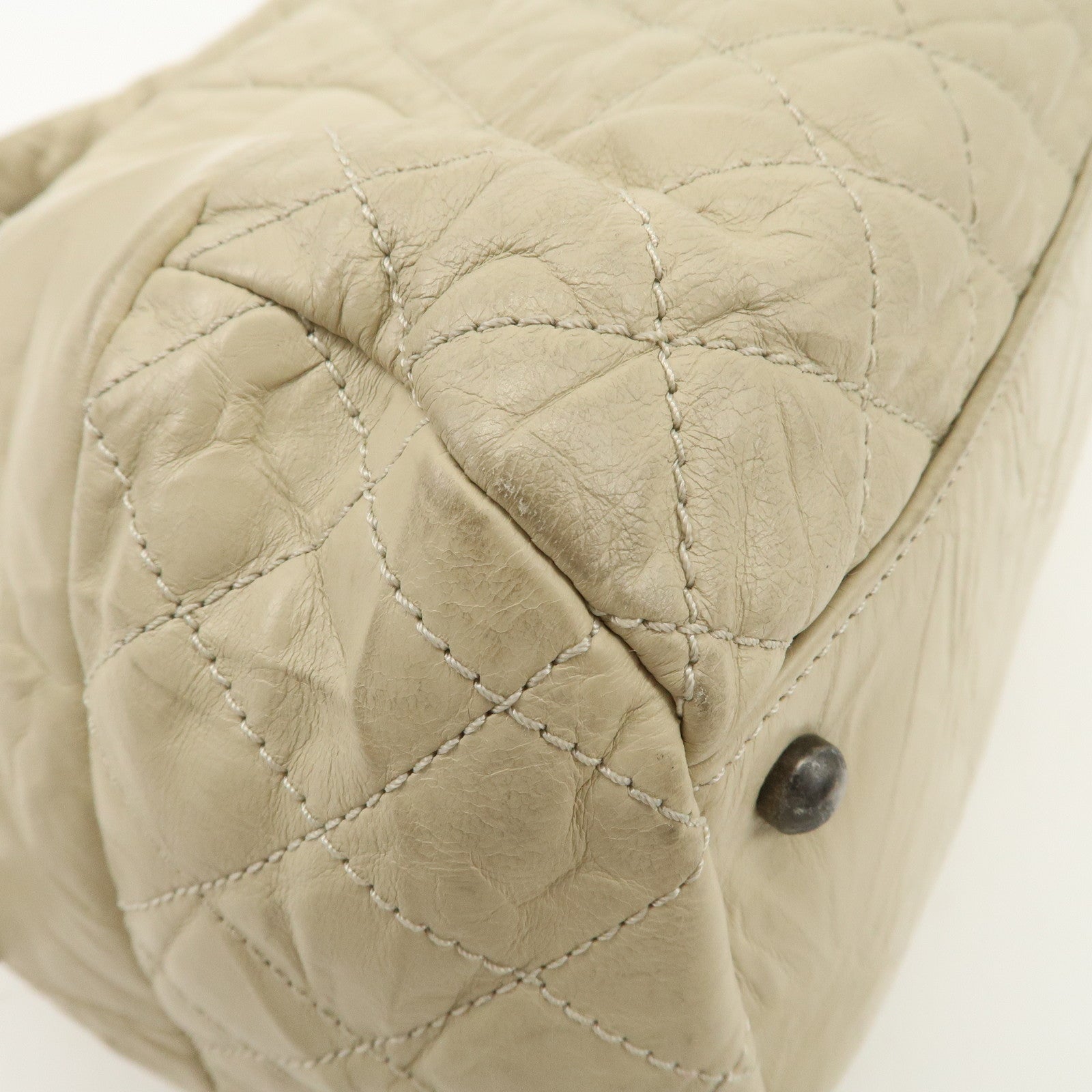 CHANEL Matelasse Leather COCO Mark Boston Bag Ivory Used