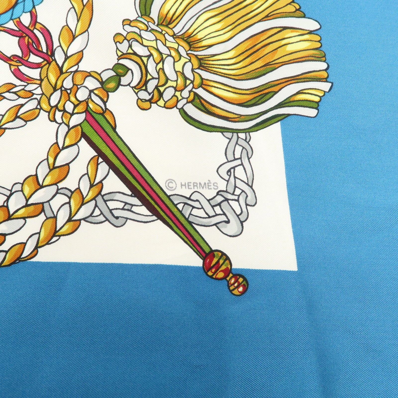 HERMES Carre 90 Silk 100% Scarf Le Timbalier Blue Gold