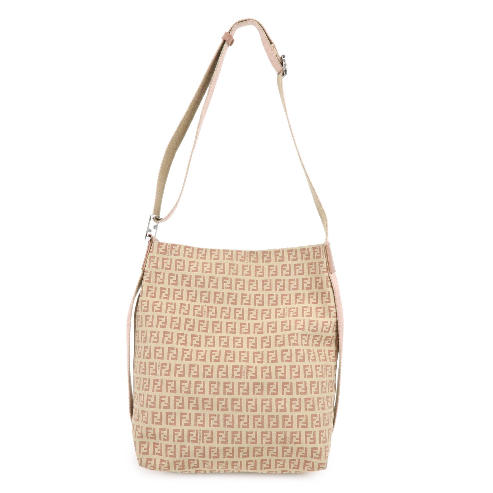 FENDI Zucchino Canvas Leather Shoulder Bag Beige Pink 8BR318