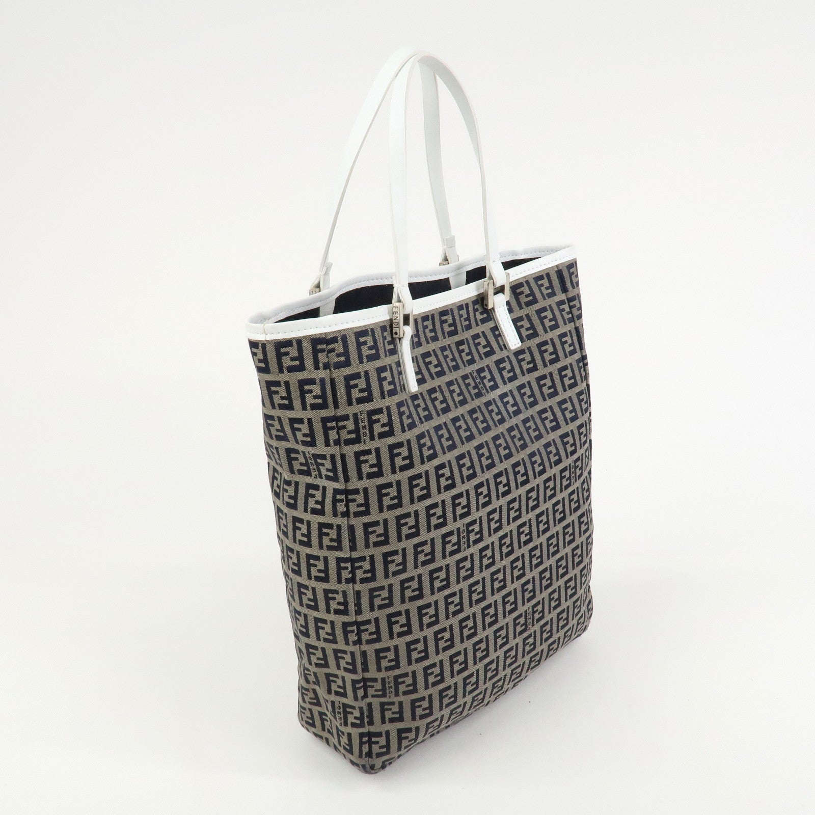 FENDI Zucchino Canvas Leather Tote Bag Hand Bag Navy 8BH006