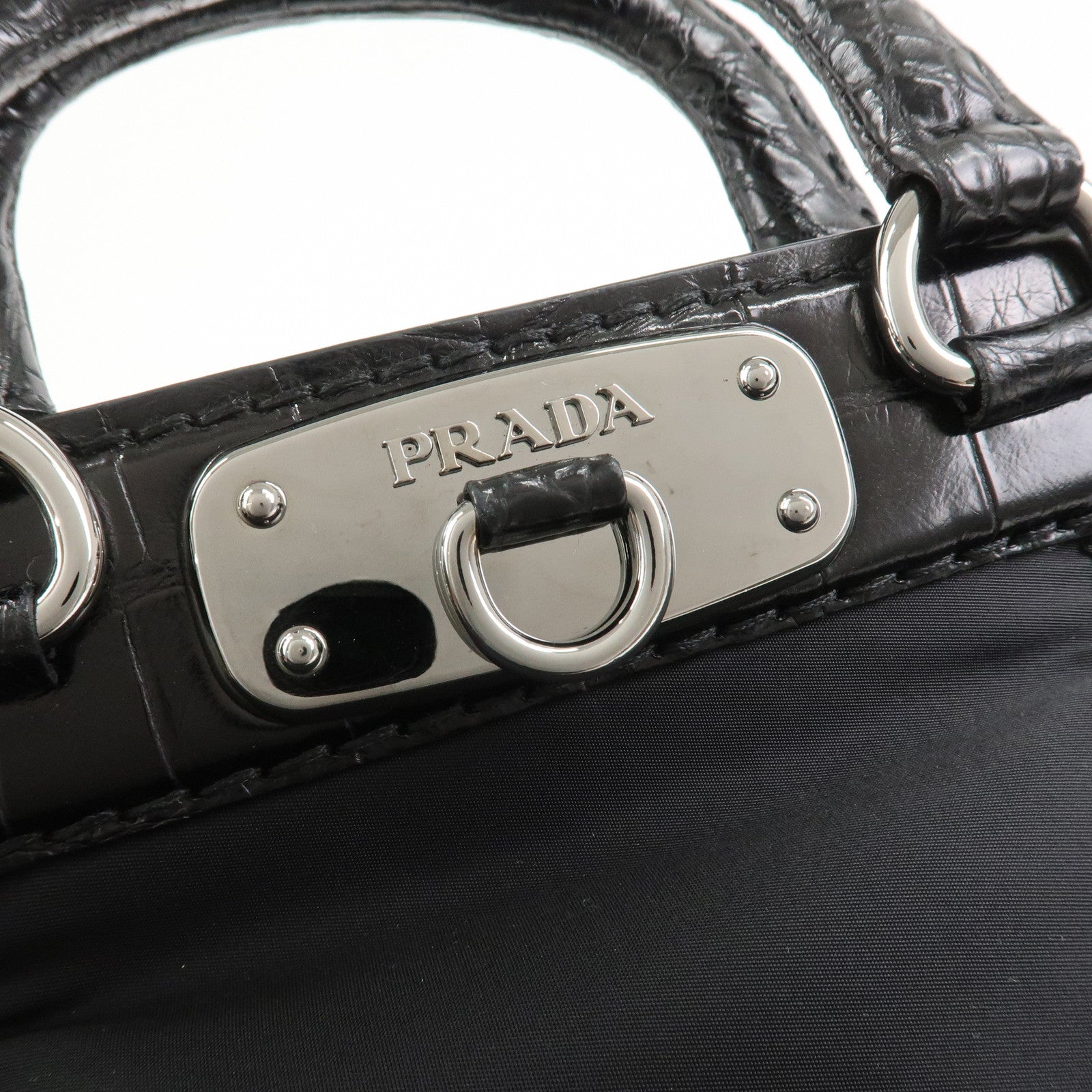 PRADA Triangle Logo Nylon Embossed Leather Hand Bag Black