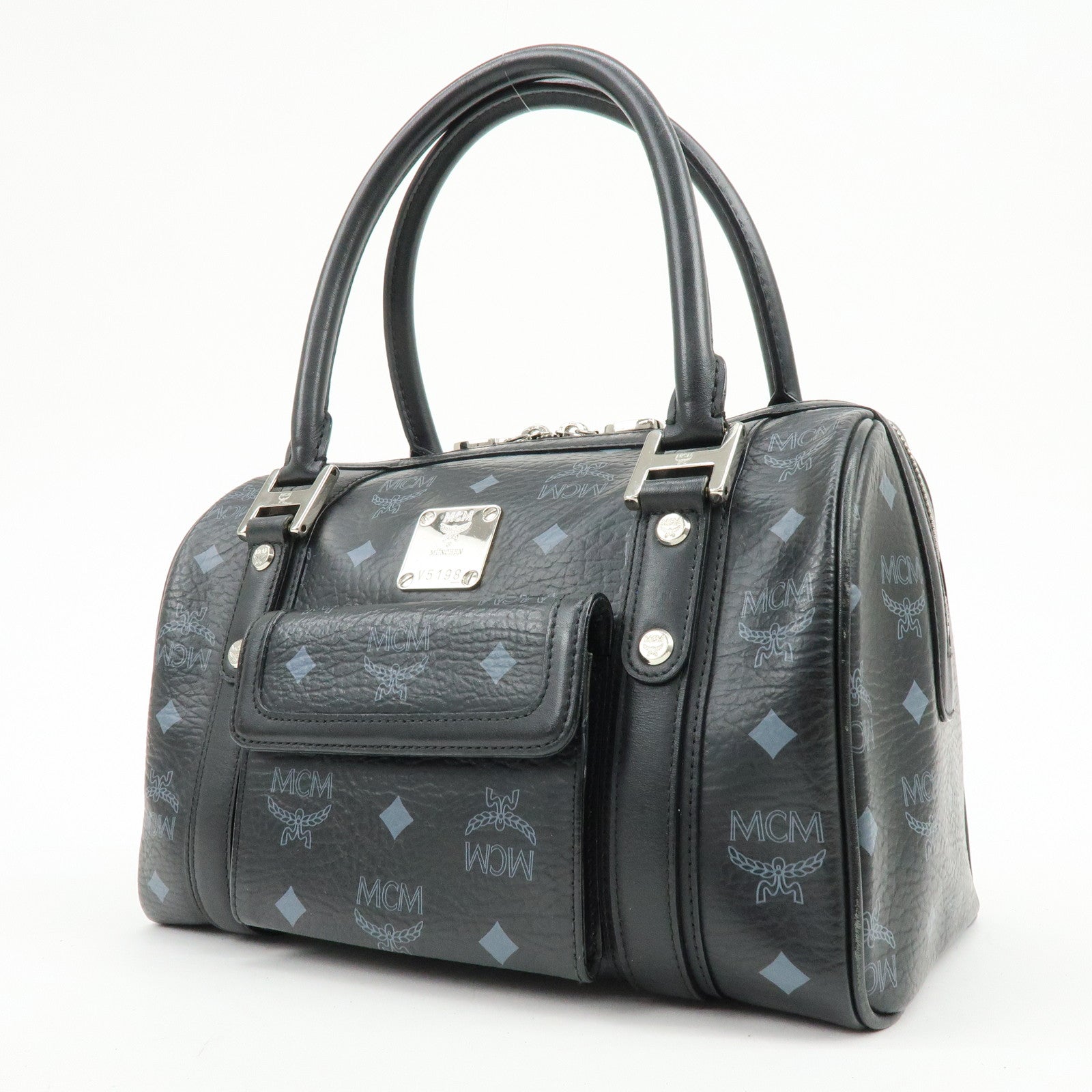MCM Visetos PVC Leather Boston Bag Hand Bag Black