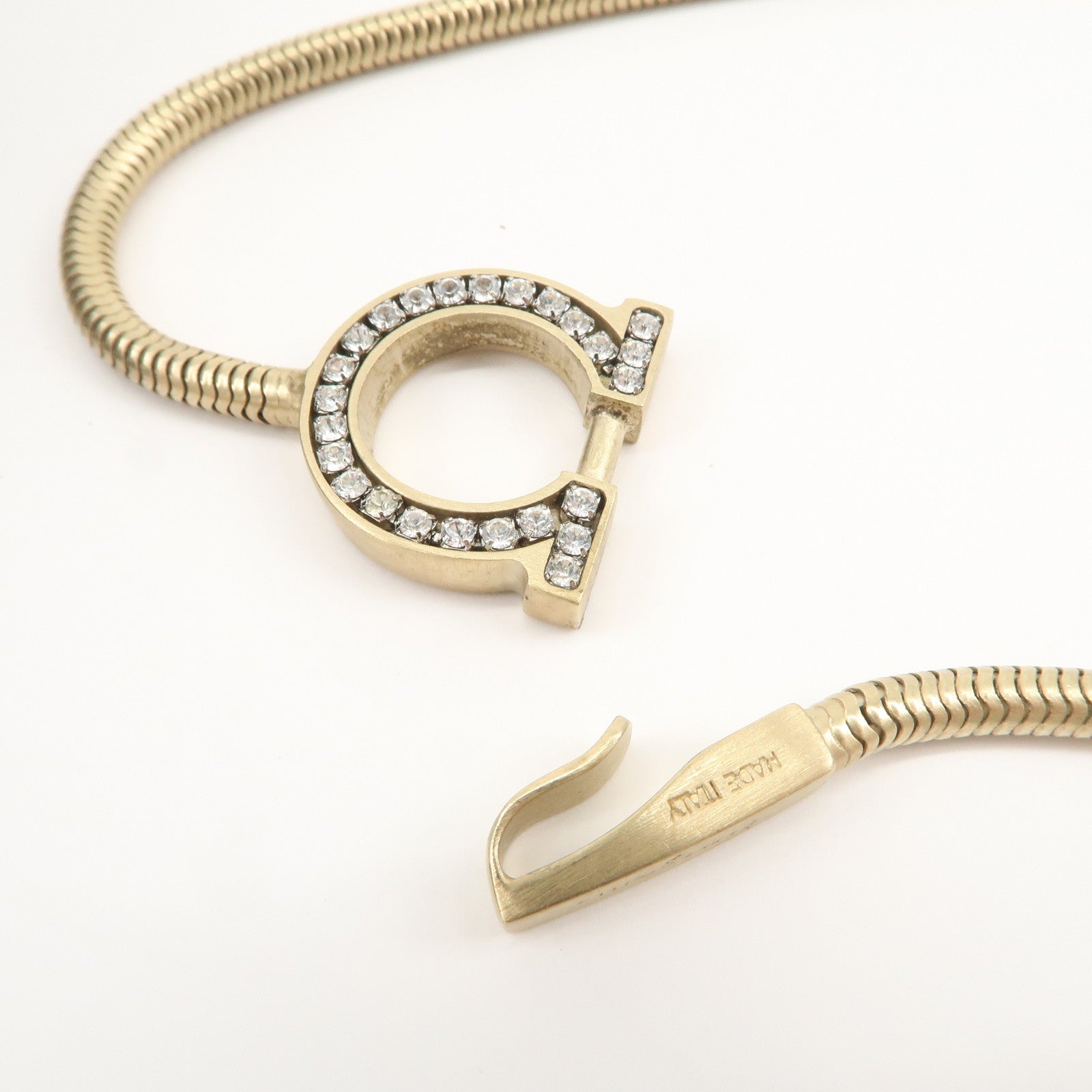 Ferragamo Gancini Logo Metal Rhinestone Necklace Choker Gold