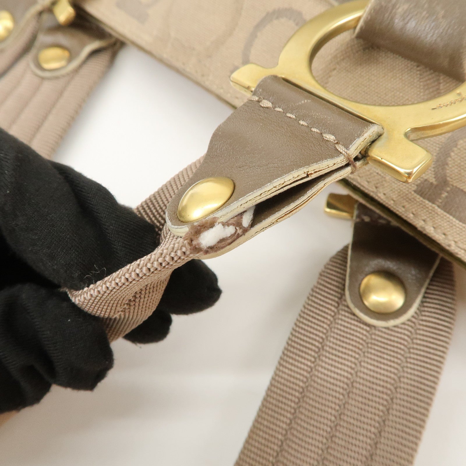 Ferragamo Gancini Canvas Leather Shoulder Bag Tote Bag Brown