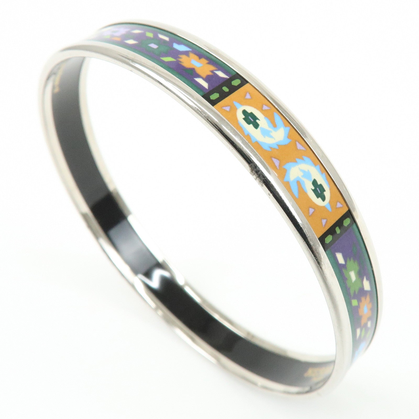 HERMES Email PM Silver Plated Bracelet Bangle Green Multicolor