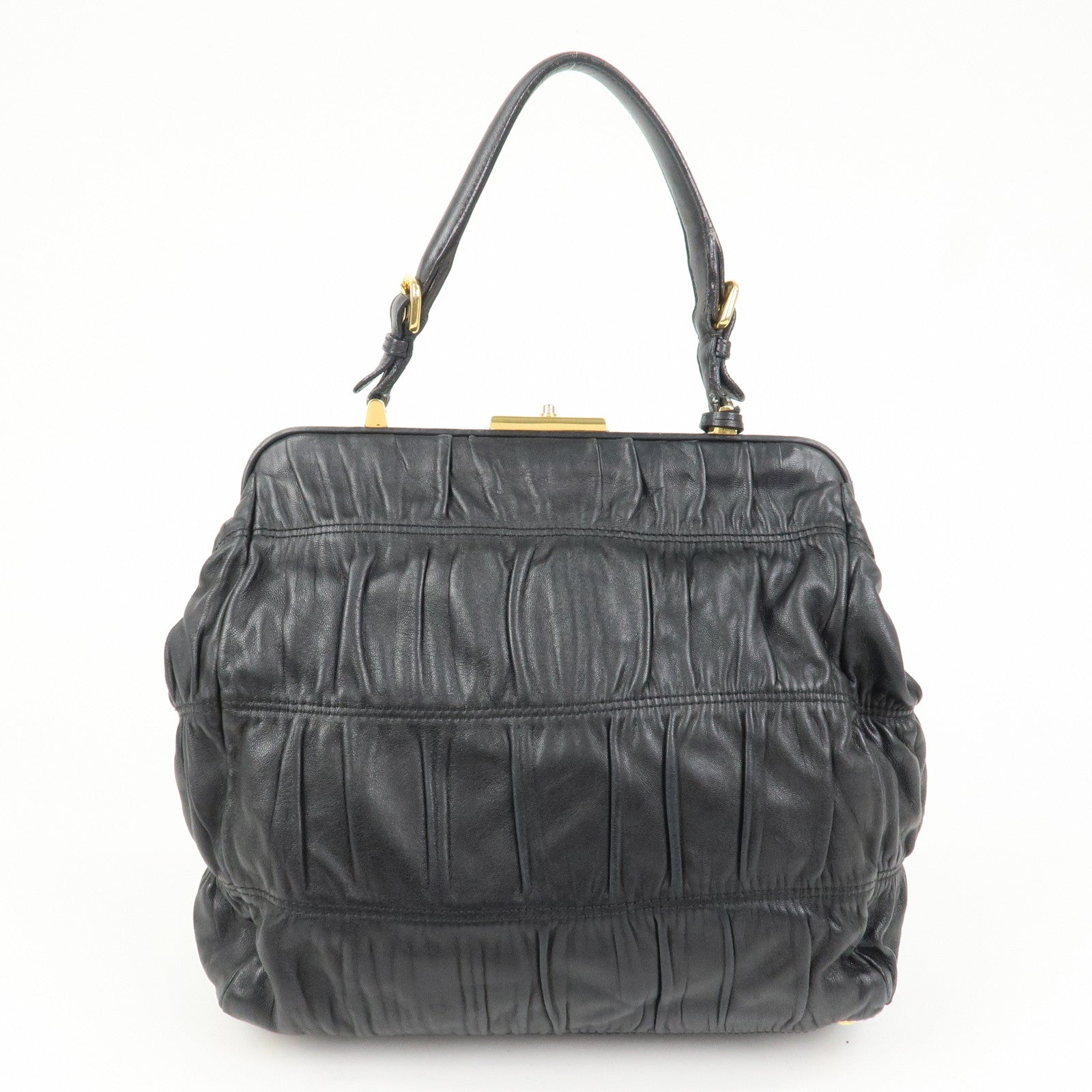 PRADA Logo Nappa Leather Gathered Shoulder Bag Hand Bag Black