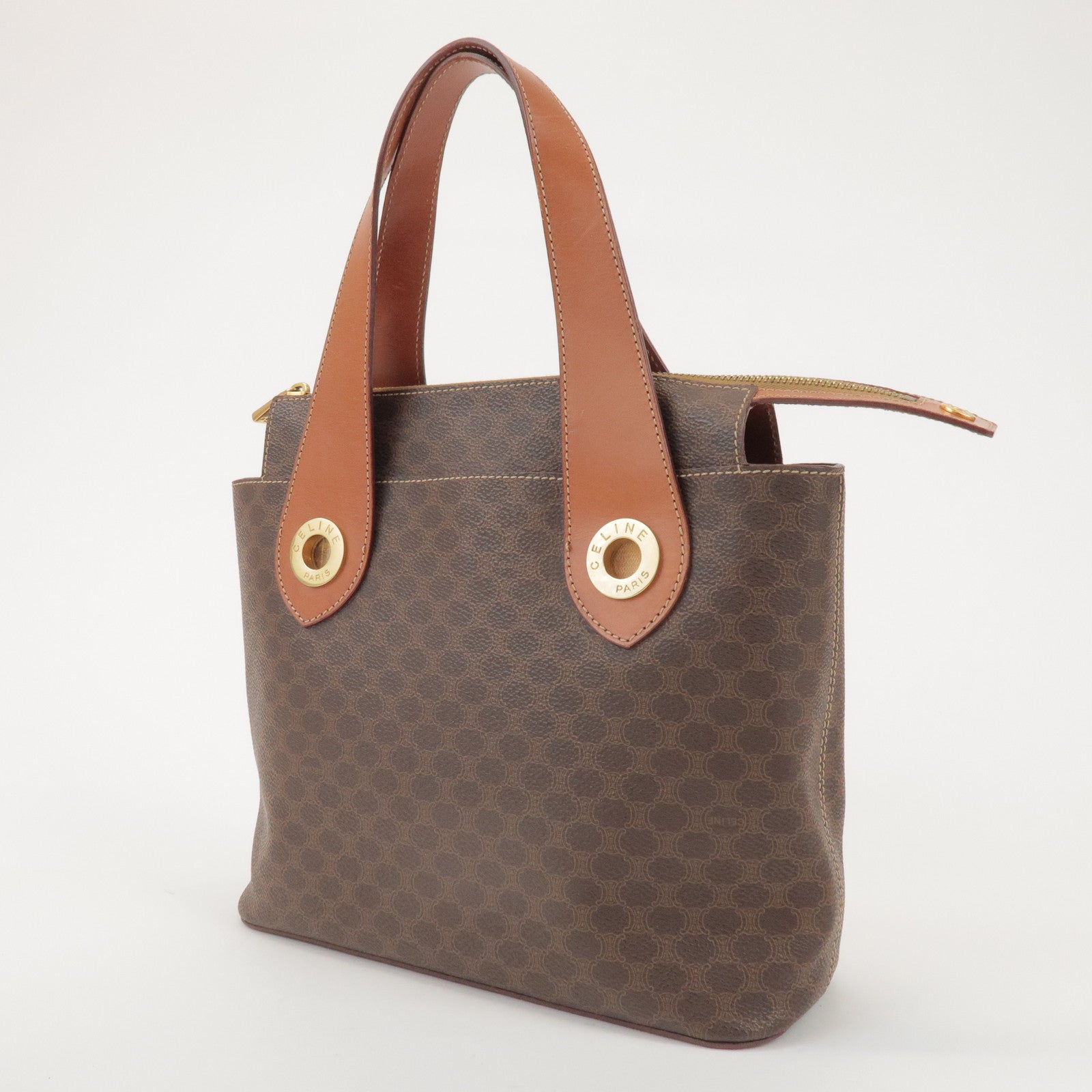 CELINE Macadam PVC Coated Canvas Leather Hand Bag Tote Bag Brown