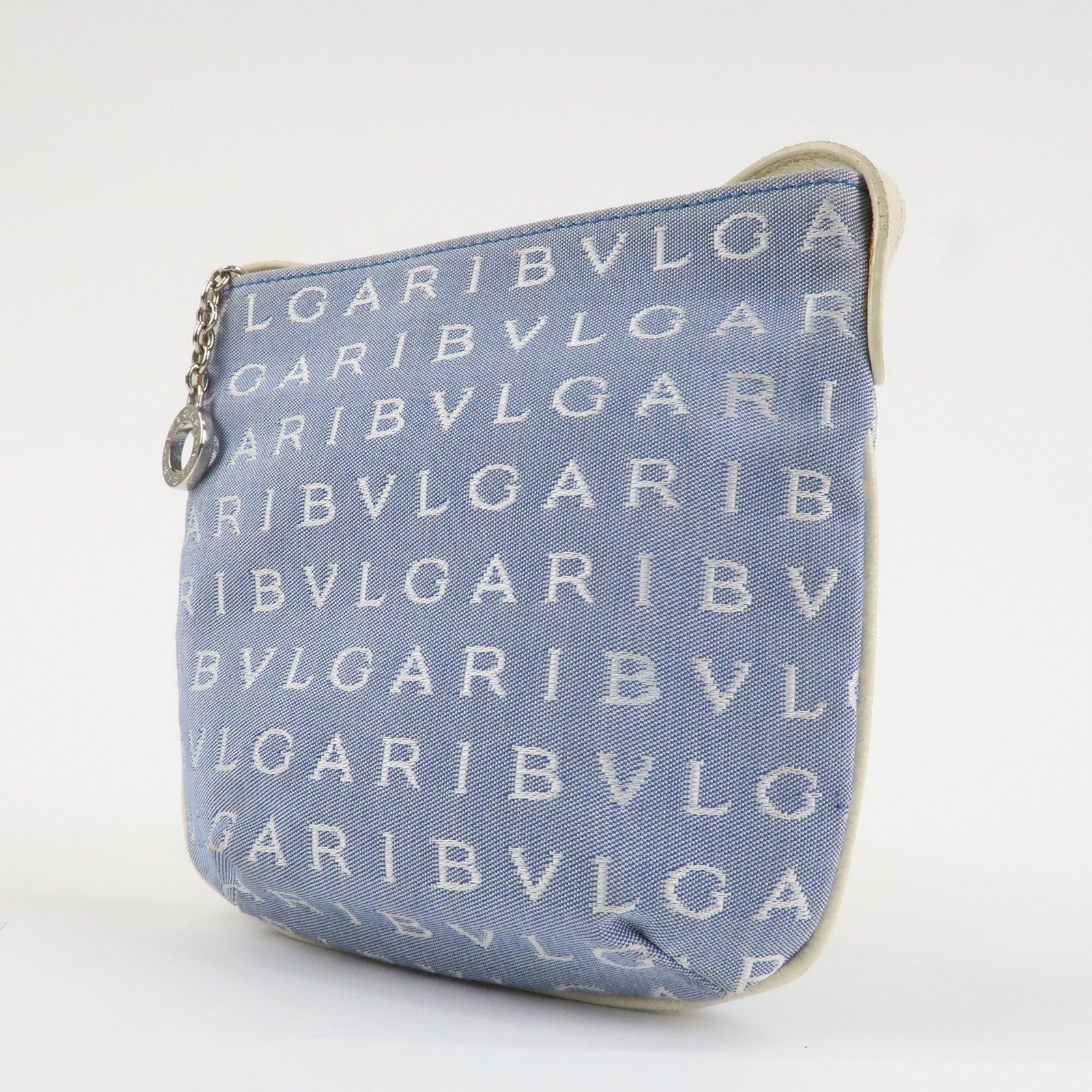 BVLGARI Logo Mania Leather Canvas Shoulder Bag Ivory Light Blue Used